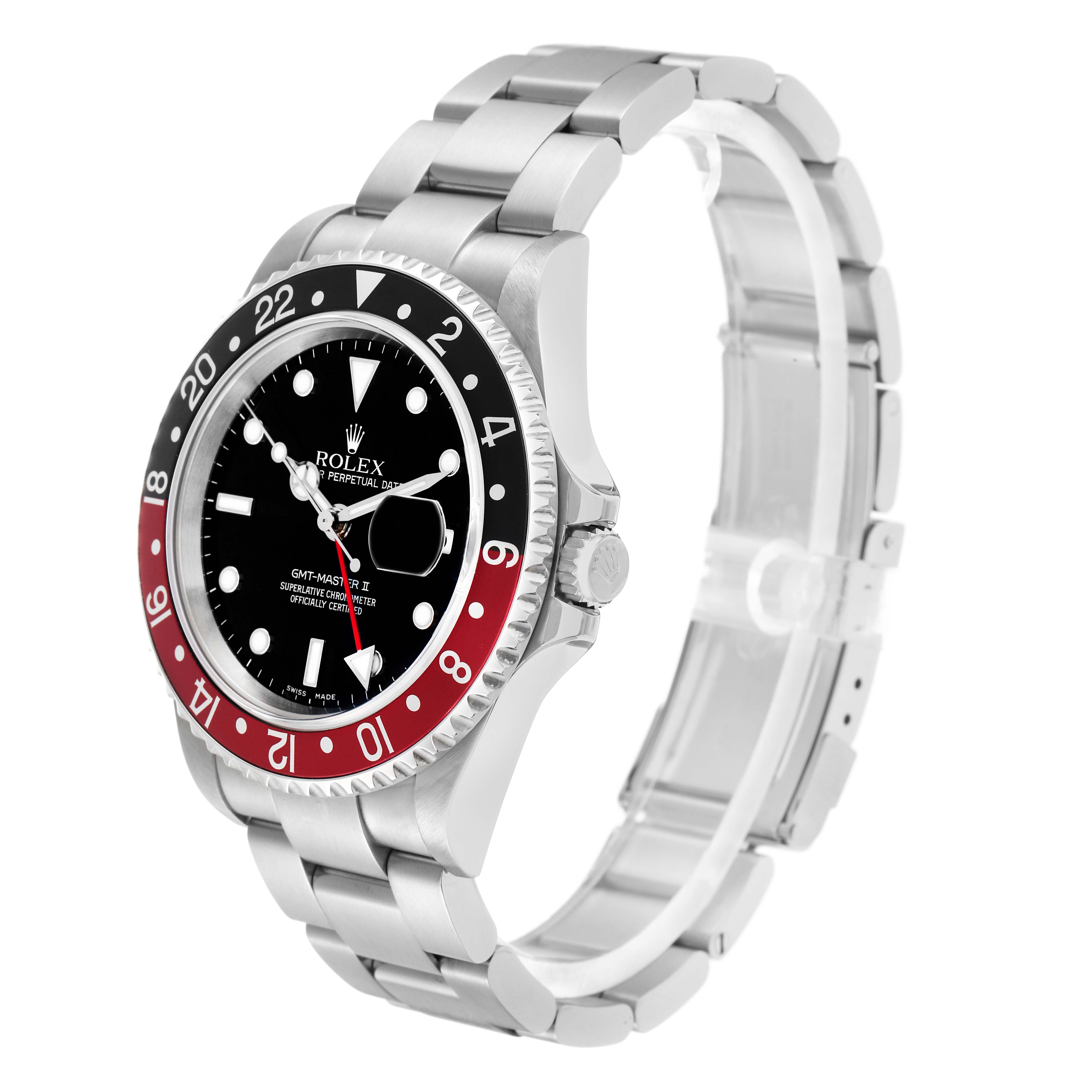 The Rolex GMT-Master 16710 Men
s Stainless Steel Black Dial watch is shown from a tilted angle, highlighting its bezel, dial, and bracelet.