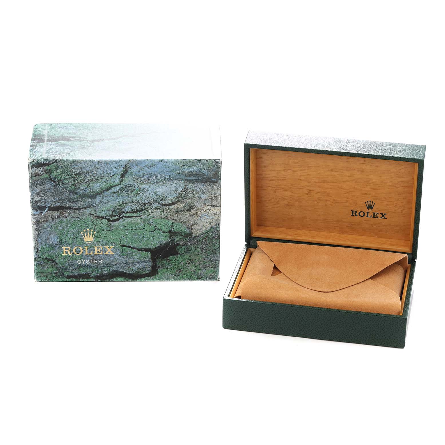 The image shows a Rolex GMT-Master 16710 Men
s Stainless Steel Black Dial watch box with a green textured pattern and an open wooden interior, along with a protective pouch.