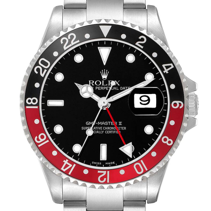The Rolex GMT-Master 16710 Men's Stainless Steel Black Dial model is shown from a front angle, displaying the bezel, dial, hands, and part of the bracelet.
