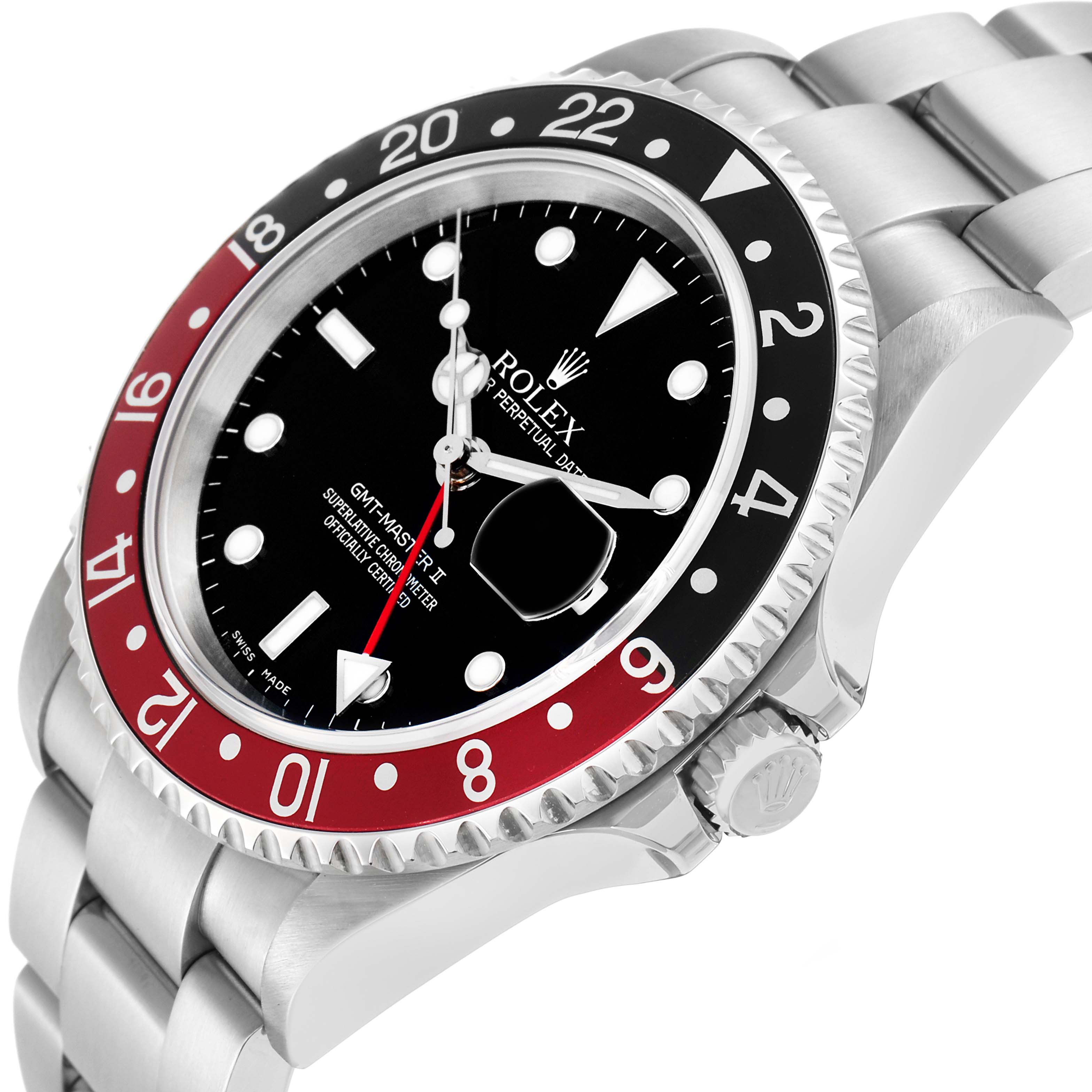 The Rolex GMT-Master 16710 Men
s Stainless Steel Black Dial watch is shown at a slight angle, highlighting the bezel, crown, bracelet, and face.