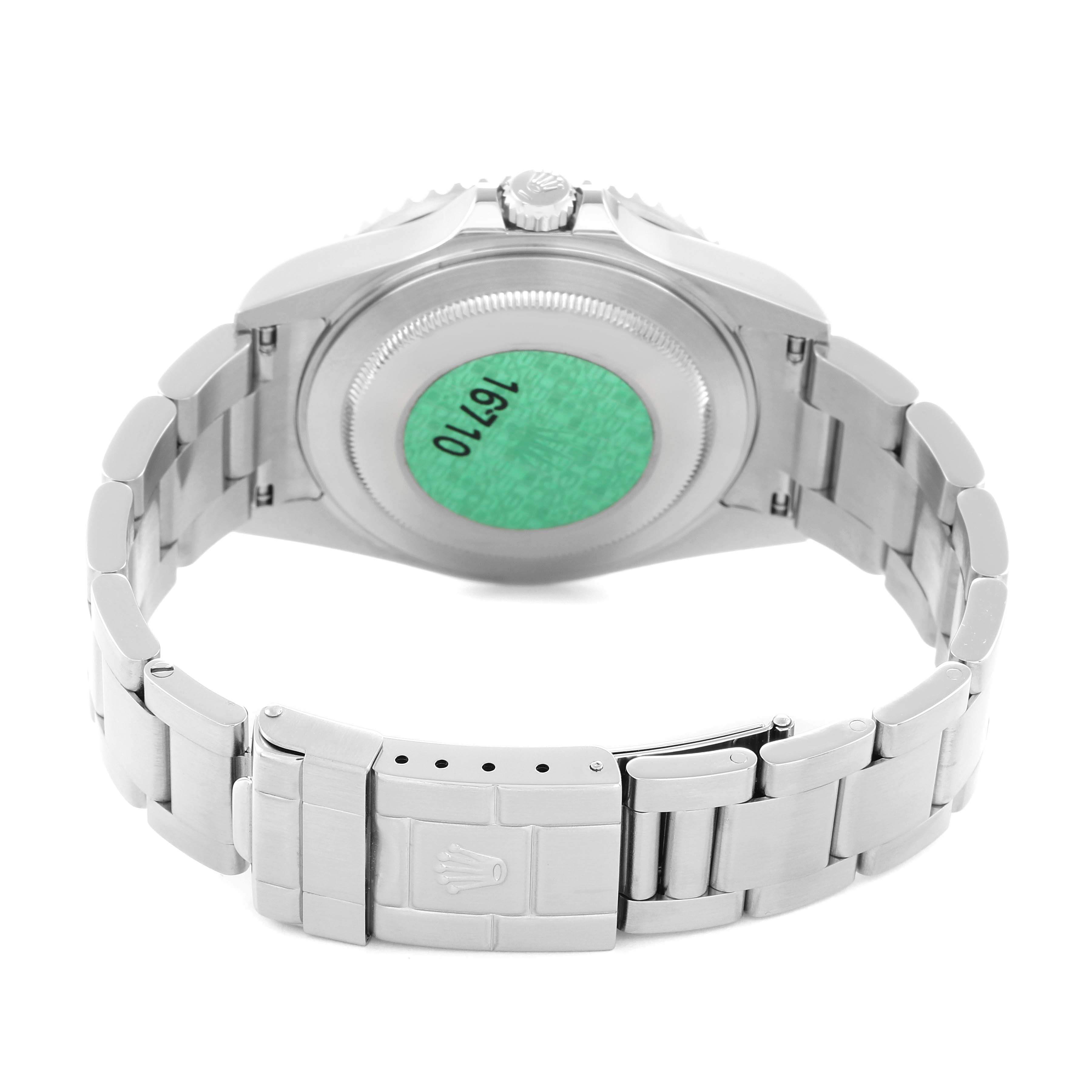 The image shows the back and bracelet of a Rolex GMT-Master 16710 Men
s Stainless Steel Black Dial watch, displaying the clasp and case back.