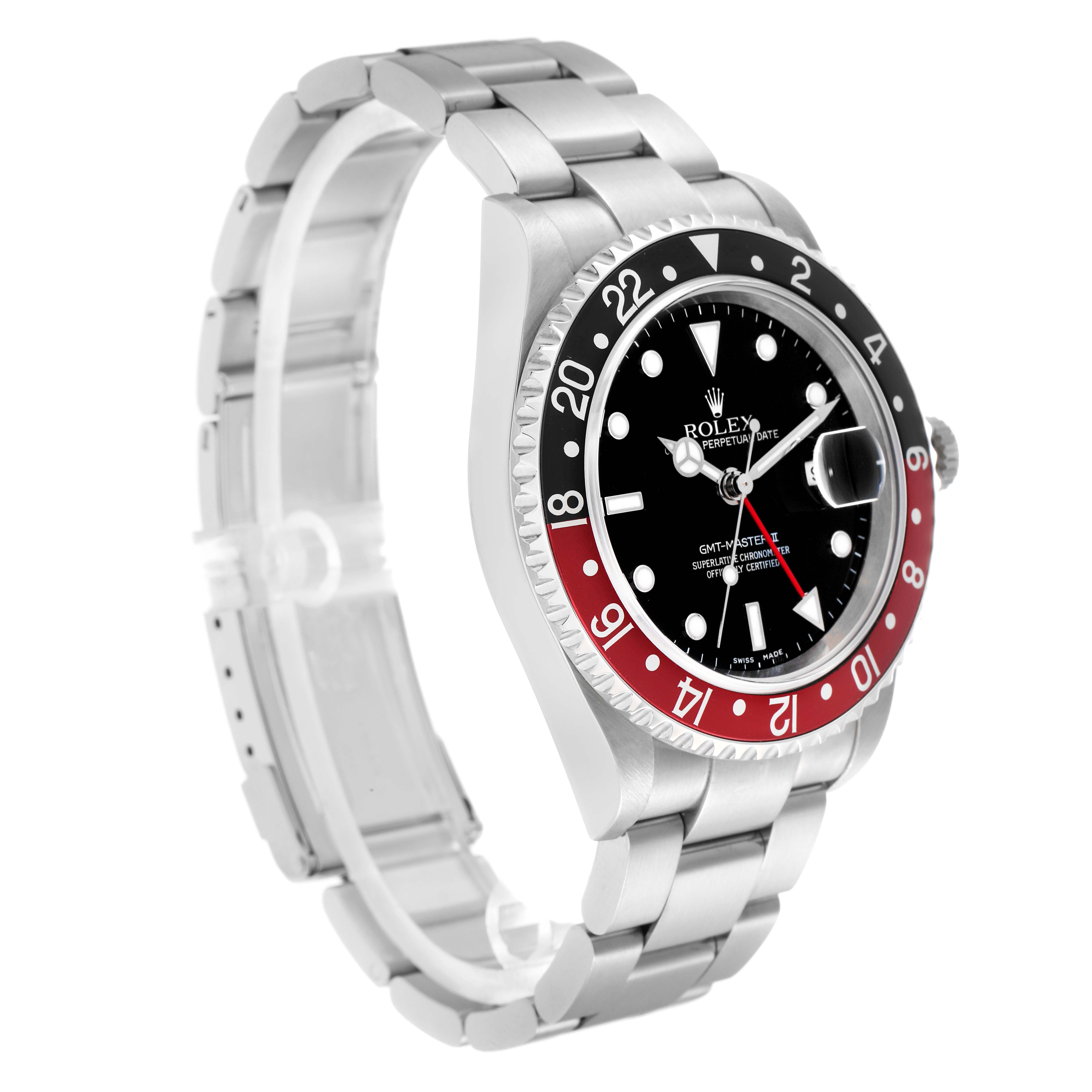 The Rolex GMT-Master 16710 Men
s Stainless Steel Black Dial watch is shown at a three-quarter angle, highlighting the dial, bezel, bracelet, and crown.