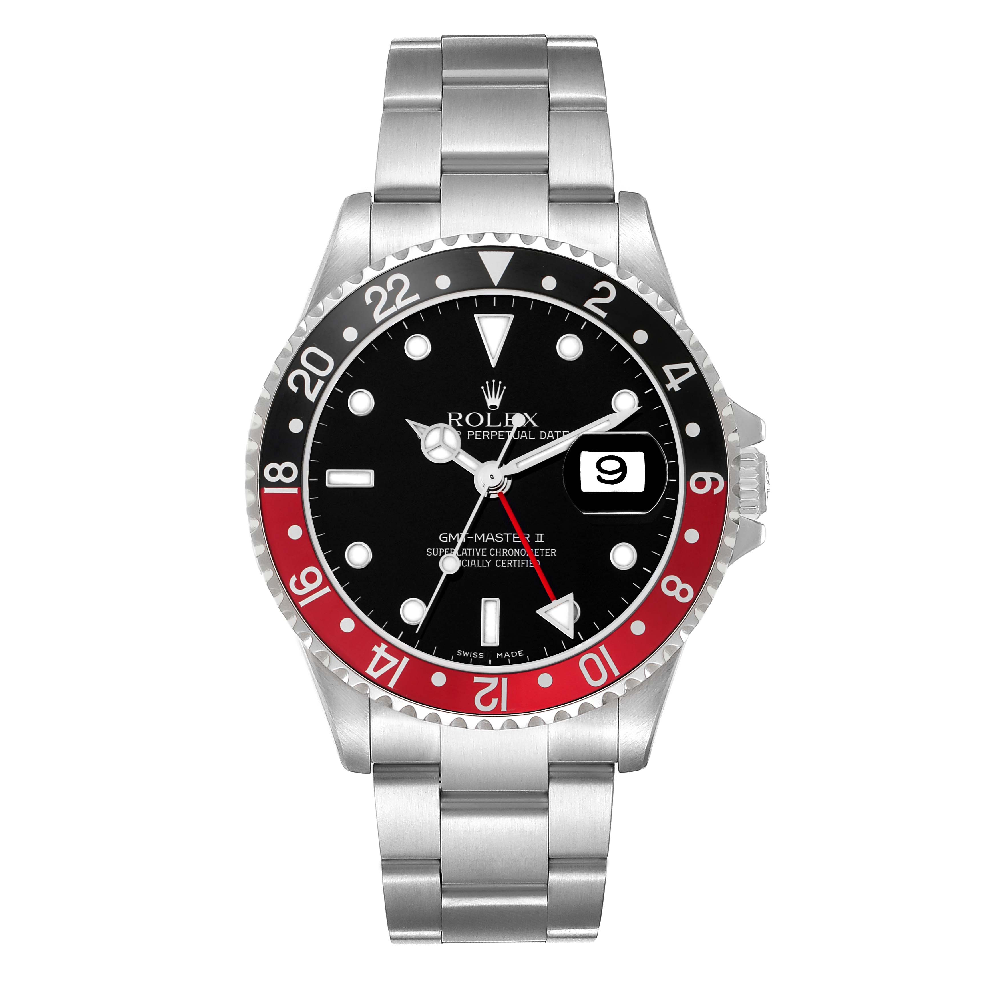 The image shows a front view of a Rolex GMT-Master 16710 Men
s Stainless Steel Black Dial II, featuring its bezel, dial, and bracelet clearly.