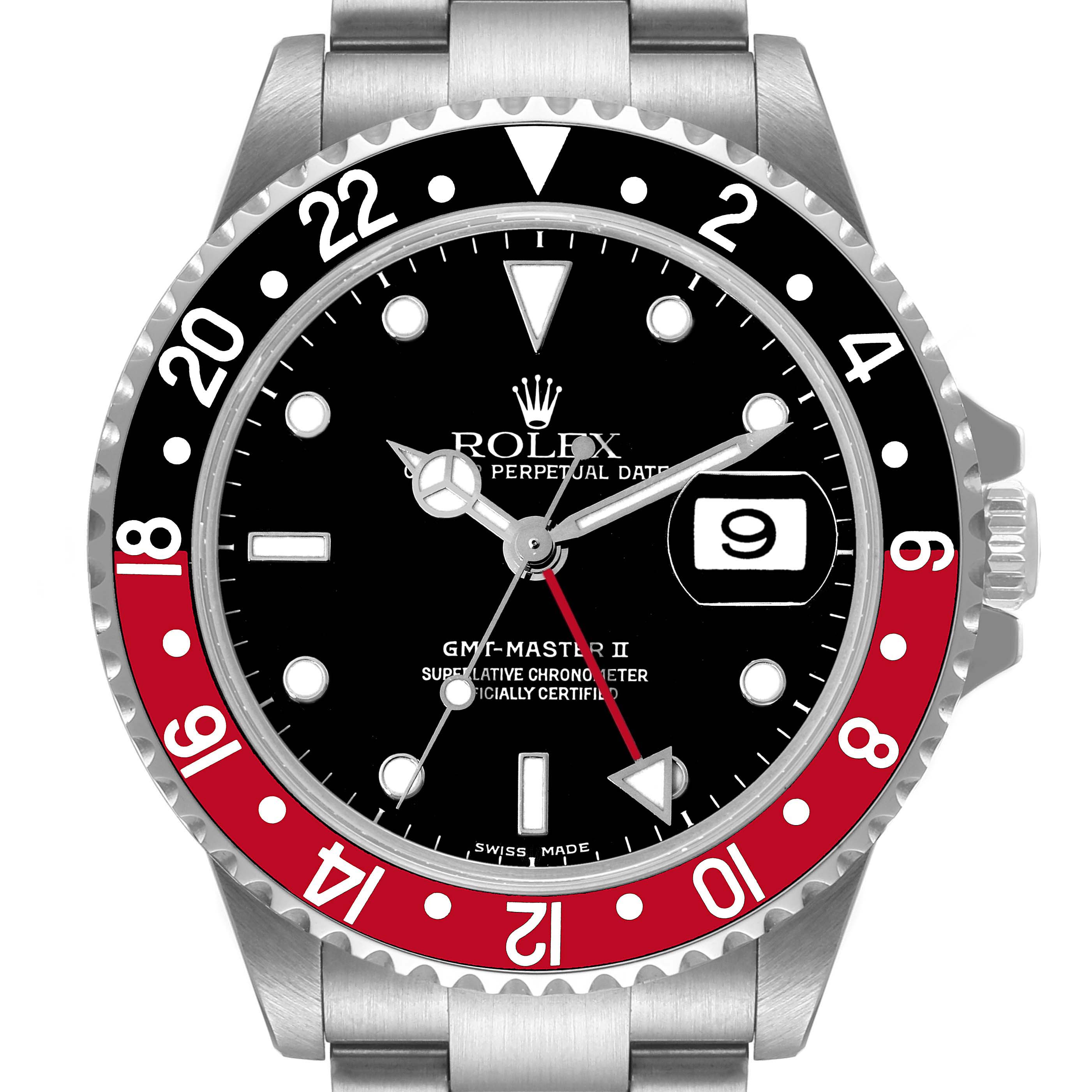 The image shows a front view of the Rolex GMT-Master 16710 Men
s Stainless Steel Black Dial 16710 Men
s Stainless Steel Black Dial II watch, highlighting its bezel, dial, hands, and date window.