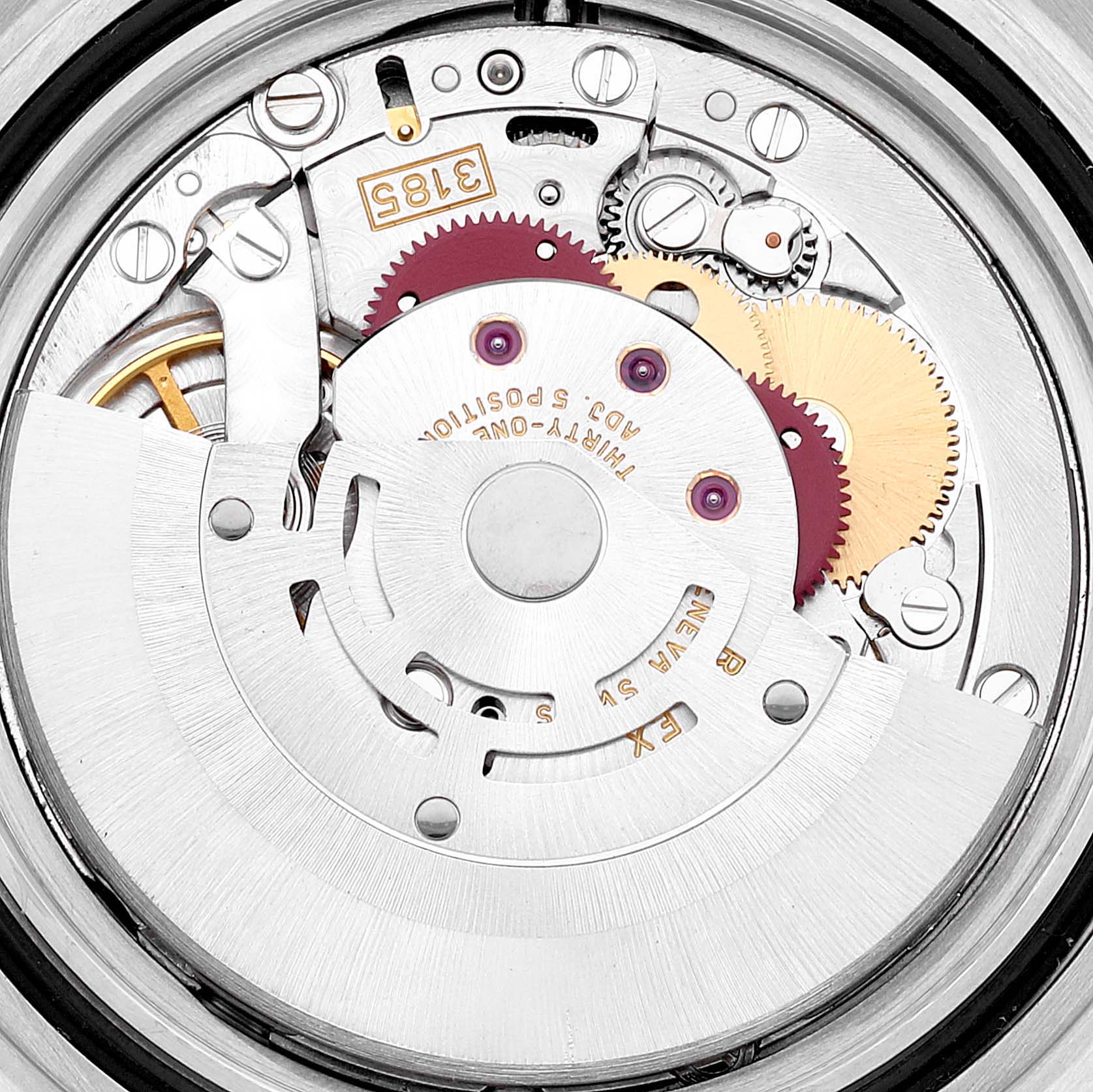 This image shows the internal movement mechanism of a Rolex GMT-Master 16710 Men
s Stainless Steel Black Dial 16710 Men
s Stainless Steel Black Dial watch, highlighting its gears and springs.