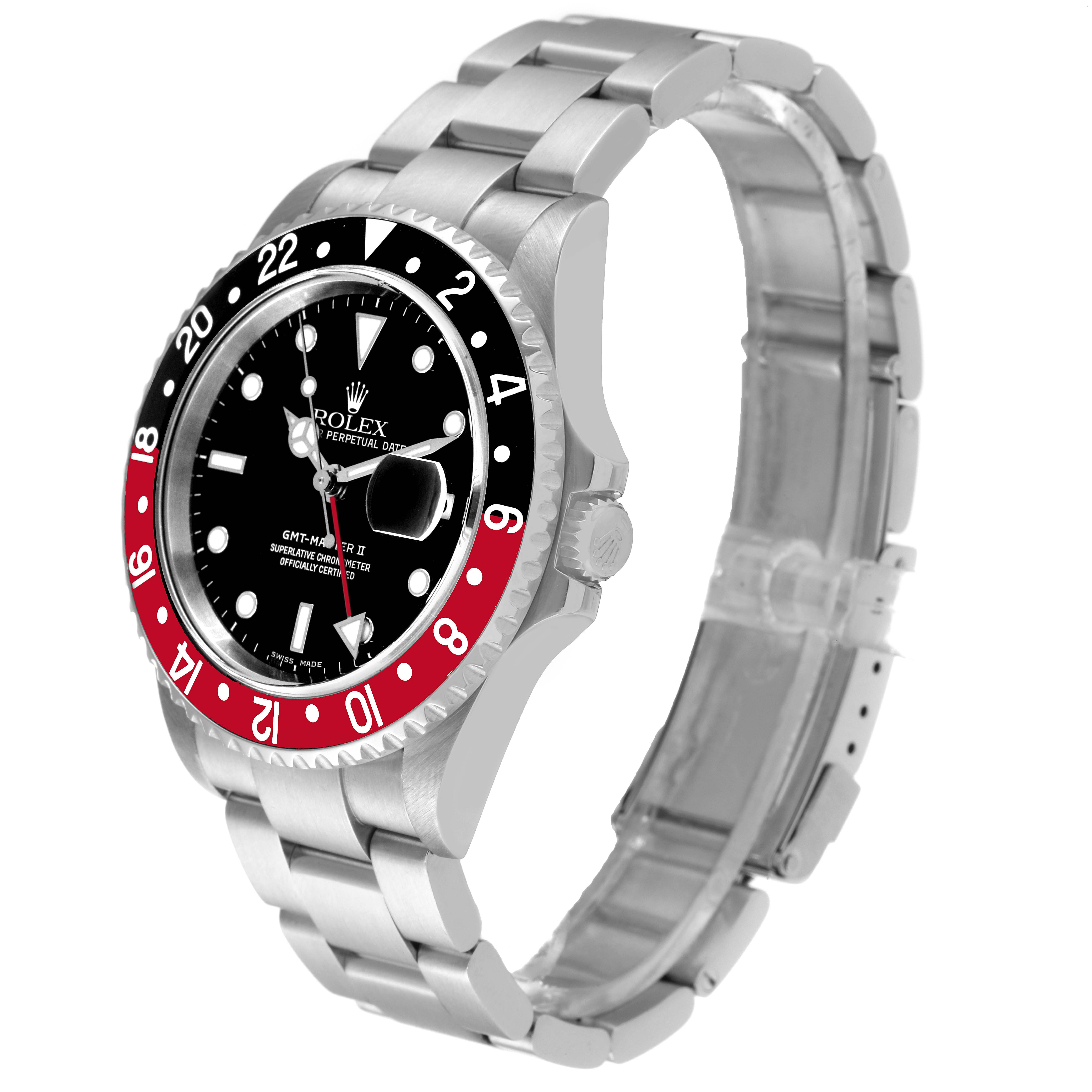 The Rolex GMT-Master 16710 Men
s Stainless Steel Black Dial 16710 Men
s Stainless Steel Black Dial watch is shown at a three-quarter angle, highlighting the stainless steel bracelet, bezel, and face.