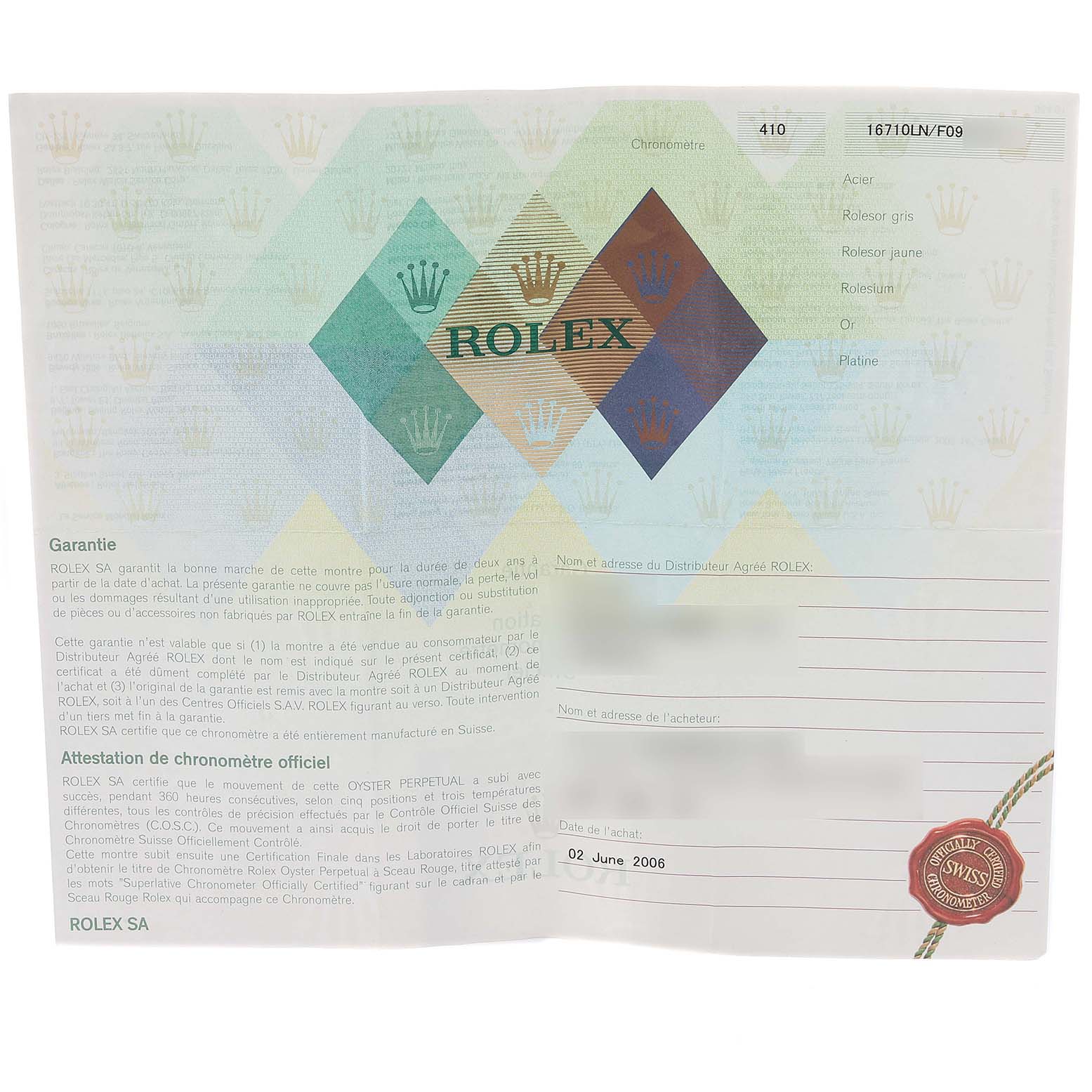 This image shows the warranty card for a Rolex GMT-Master 16710 Men
s Stainless Steel Black Dial 16710 Men
s Stainless Steel Black Dial model with detailed print and holographic elements.