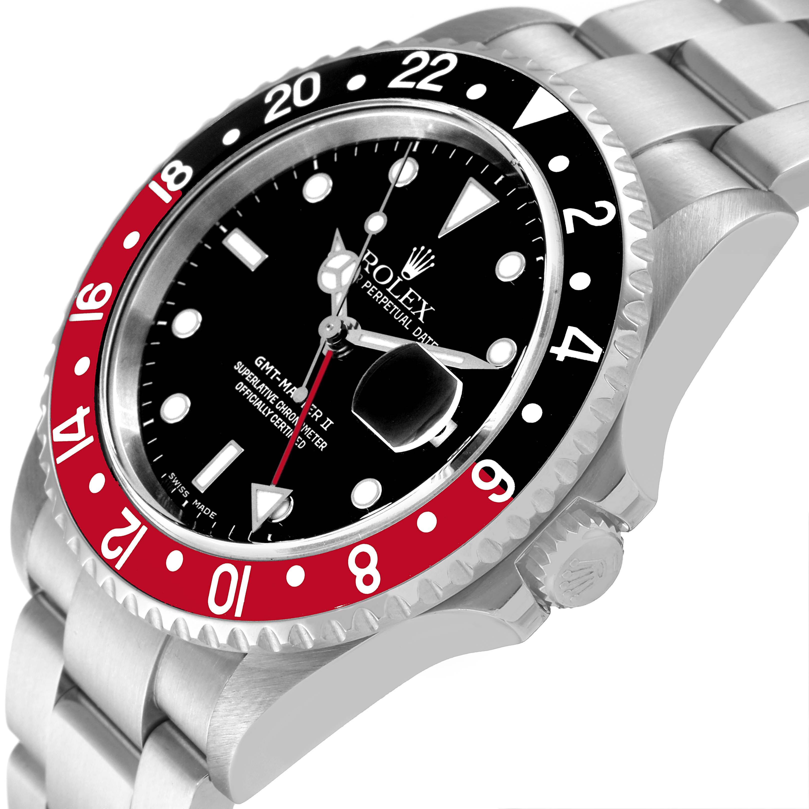 The image shows a side and partial top view of the Rolex GMT-Master 16710 Men
s Stainless Steel Black Dial 16710 Men
s Stainless Steel Black Dial II watch, highlighting its bezel, dial, and bracelet.