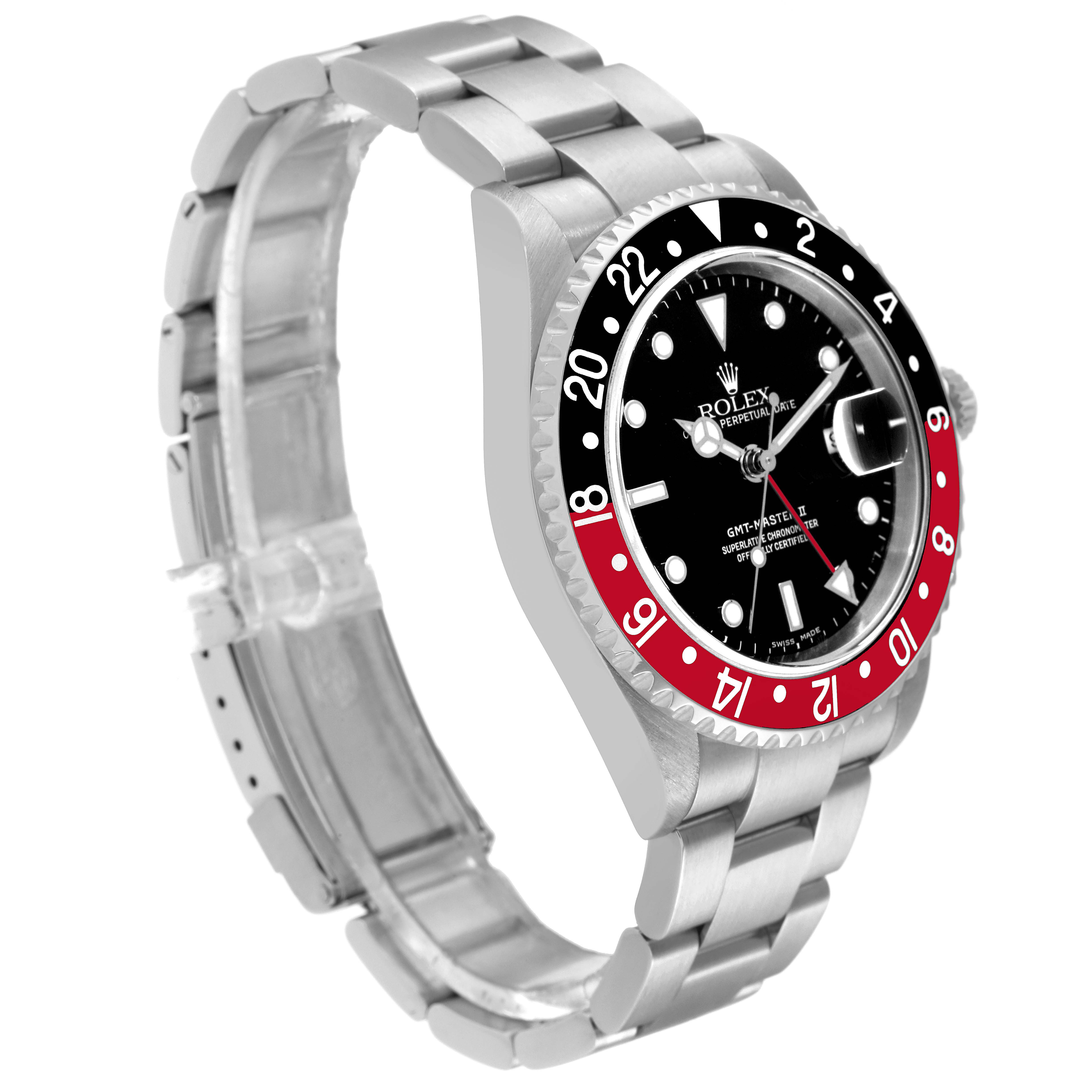 This image shows a side and top angle of a Rolex GMT-Master 16710 Men
s Stainless Steel Black Dial 16710 Men
s Stainless Steel Black Dial watch, highlighting the bezel, dial, and bracelet.