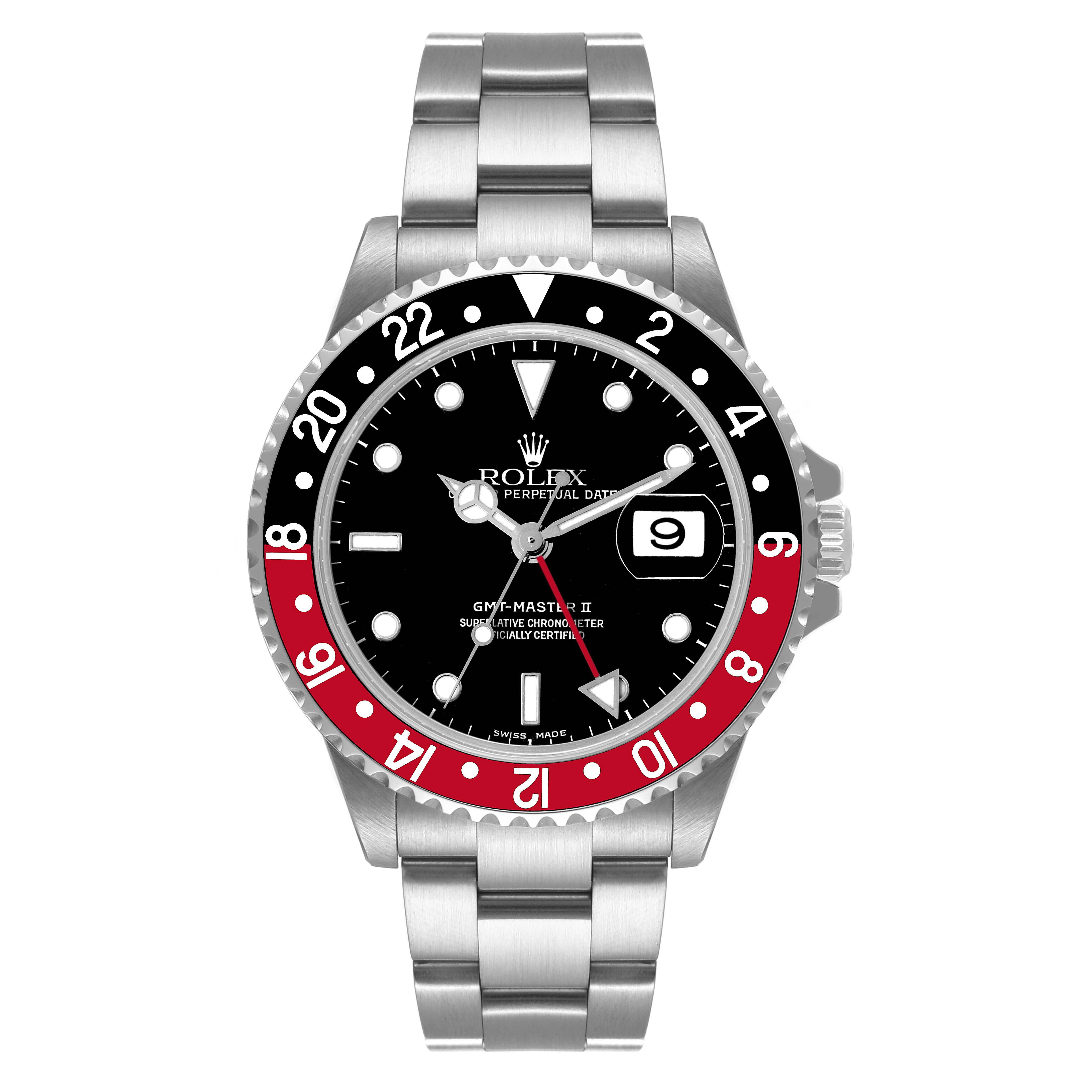 The Rolex GMT-Master 16710 Men
s Stainless Steel Black Dial 16710 Men
s Stainless Steel Black Dial watch is shown from a front angle, displaying its face, bezel, and stainless steel bracelet.