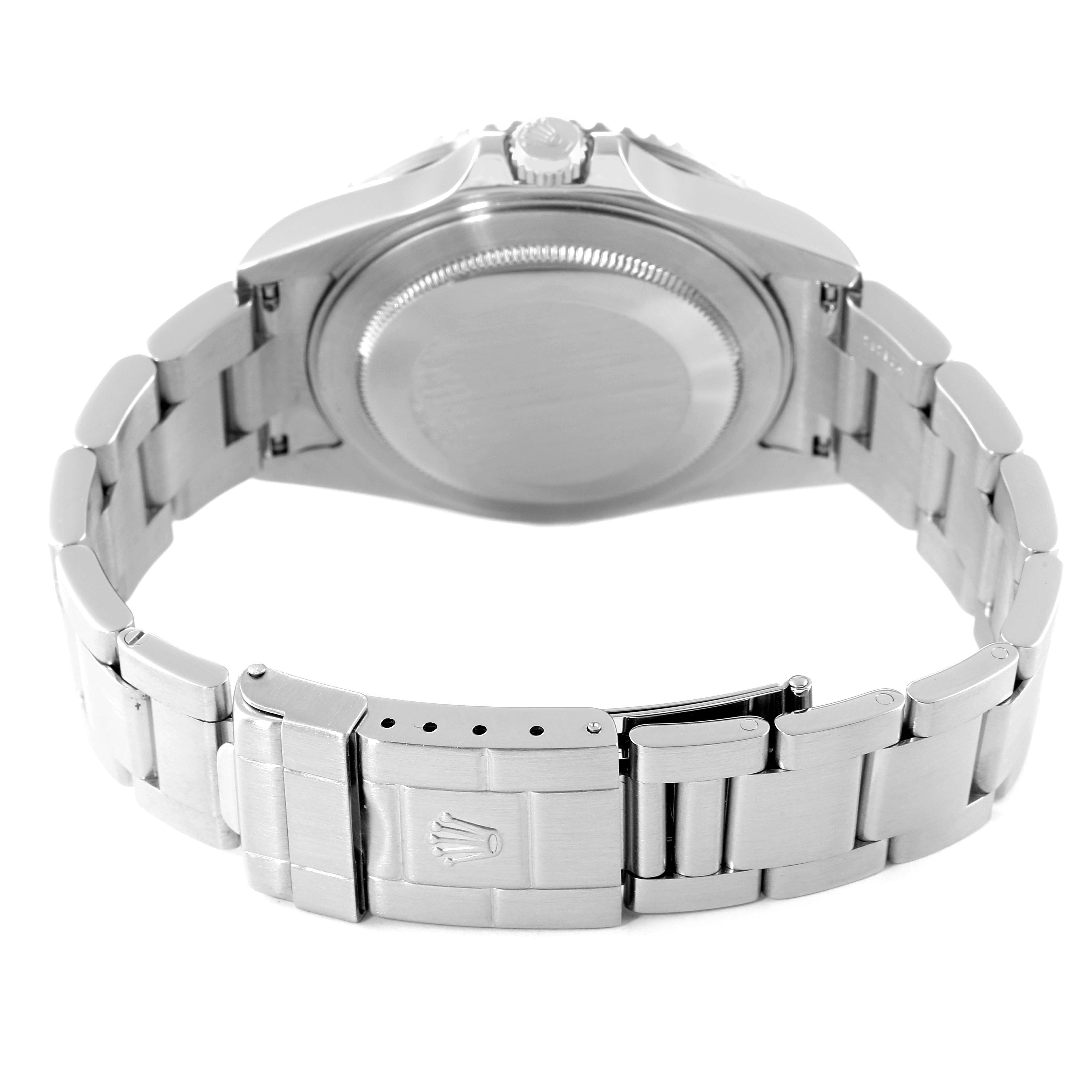 This is a rear view of the Rolex GMT-Master 16710 Men
s Stainless Steel Black Dial 16710 Men
s Stainless Steel Black Dial showing the case back, crown, and metal bracelet with the clasp open.