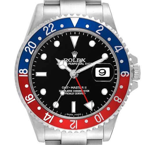 This image shows a front view of the Rolex GMT-Master II watch, highlighting its bezel, dial, and bracelet.