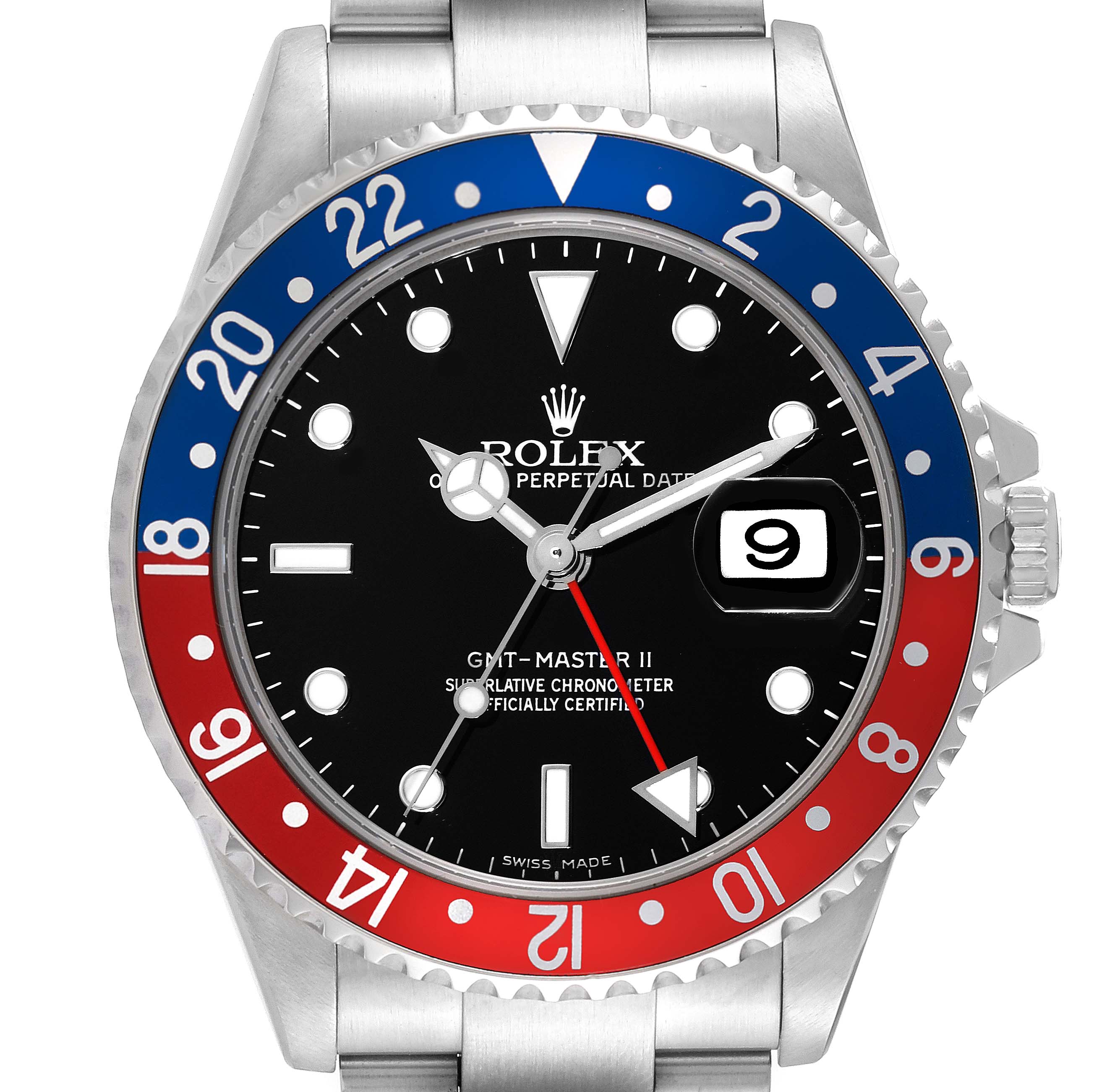 The image shows the face of the Rolex GMT-Master 16710 Men's Stainless Steel Black Dial 16710 Men's Stainless Steel Black Dial II watch, displaying its bezel, dial, and date window.