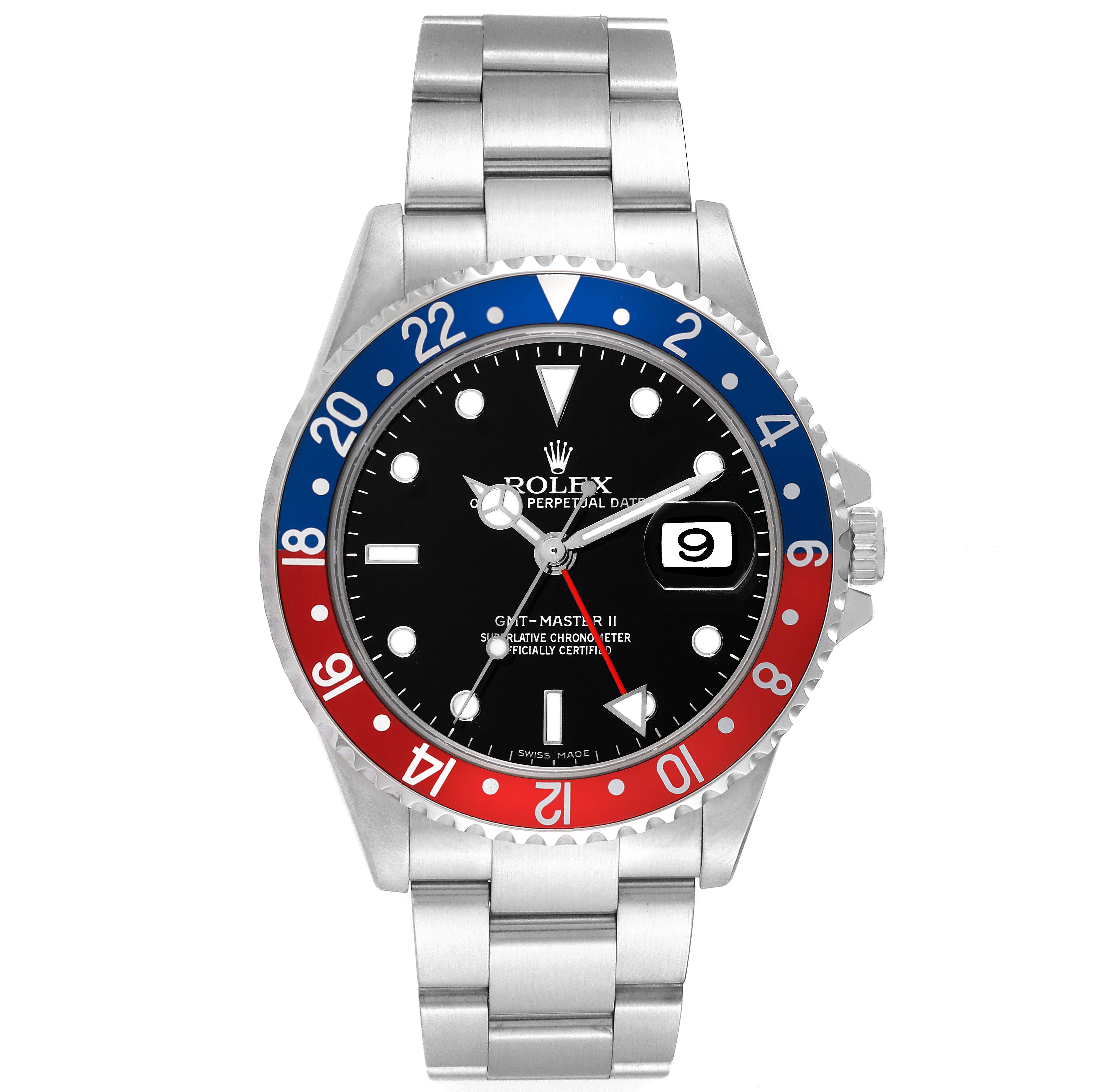 The image shows a front view of the Rolex GMT-Master 16710 Men's Stainless Steel Black Dial 16710 Men's Stainless Steel Black Dial II watch with a red and blue bezel and stainless steel bracelet.
