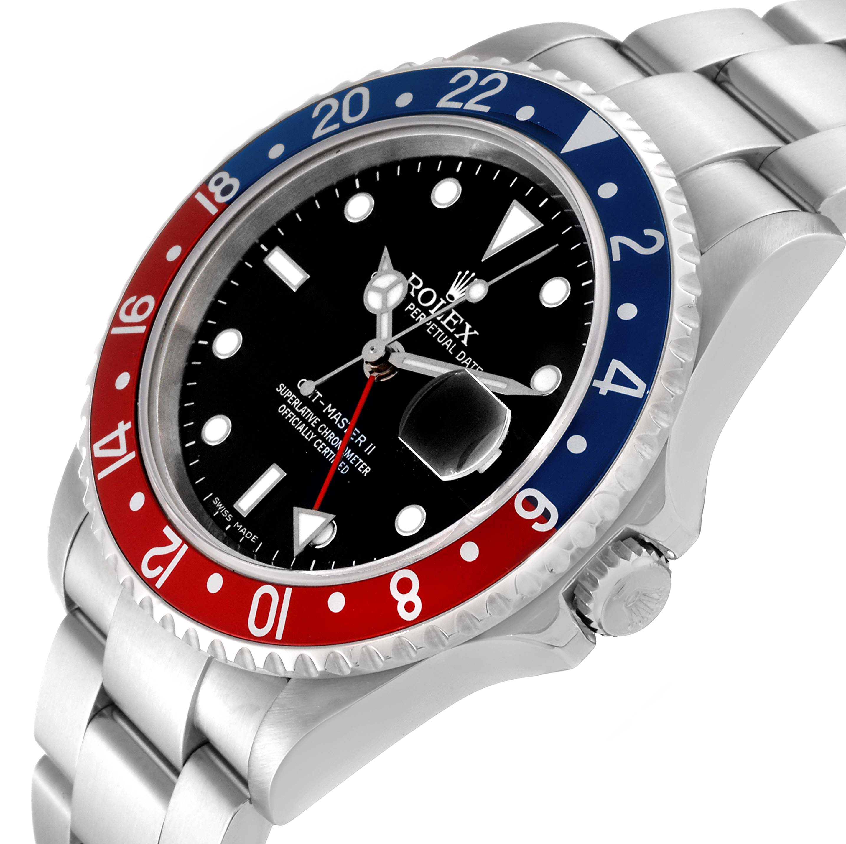 The Rolex GMT-Master 16710 Men's Stainless Steel Black Dial 16710 Men's Stainless Steel Black Dial watch is shown from an angled side view, highlighting its bezel, dial, bracelet, and partially the crown.