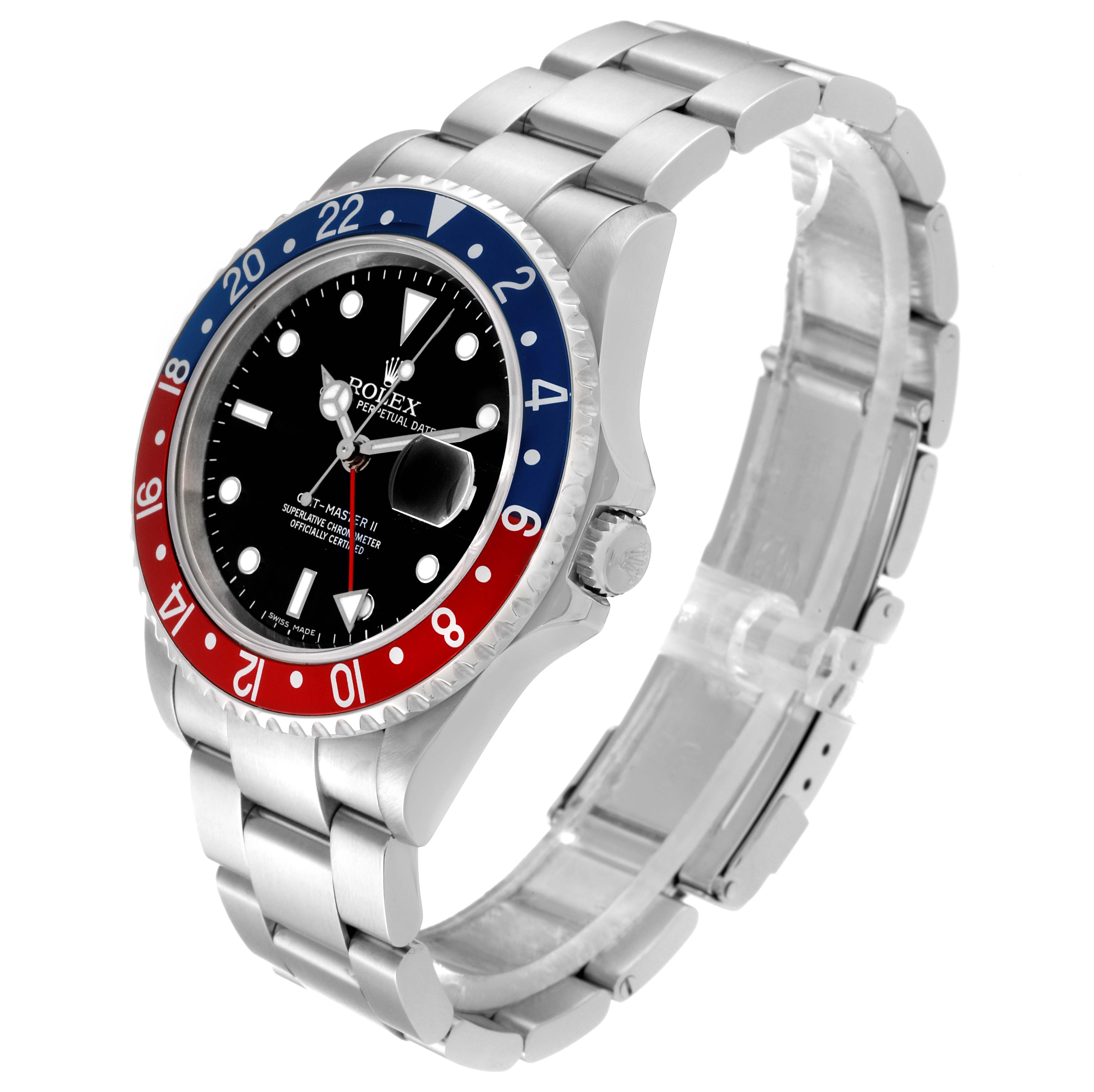 This Rolex GMT-Master 16710 Men's Stainless Steel Black Dial 16710 Men's Stainless Steel Black Dial watch is shown at an angle displaying its bezel, dial, crown, and stainless steel bracelet.