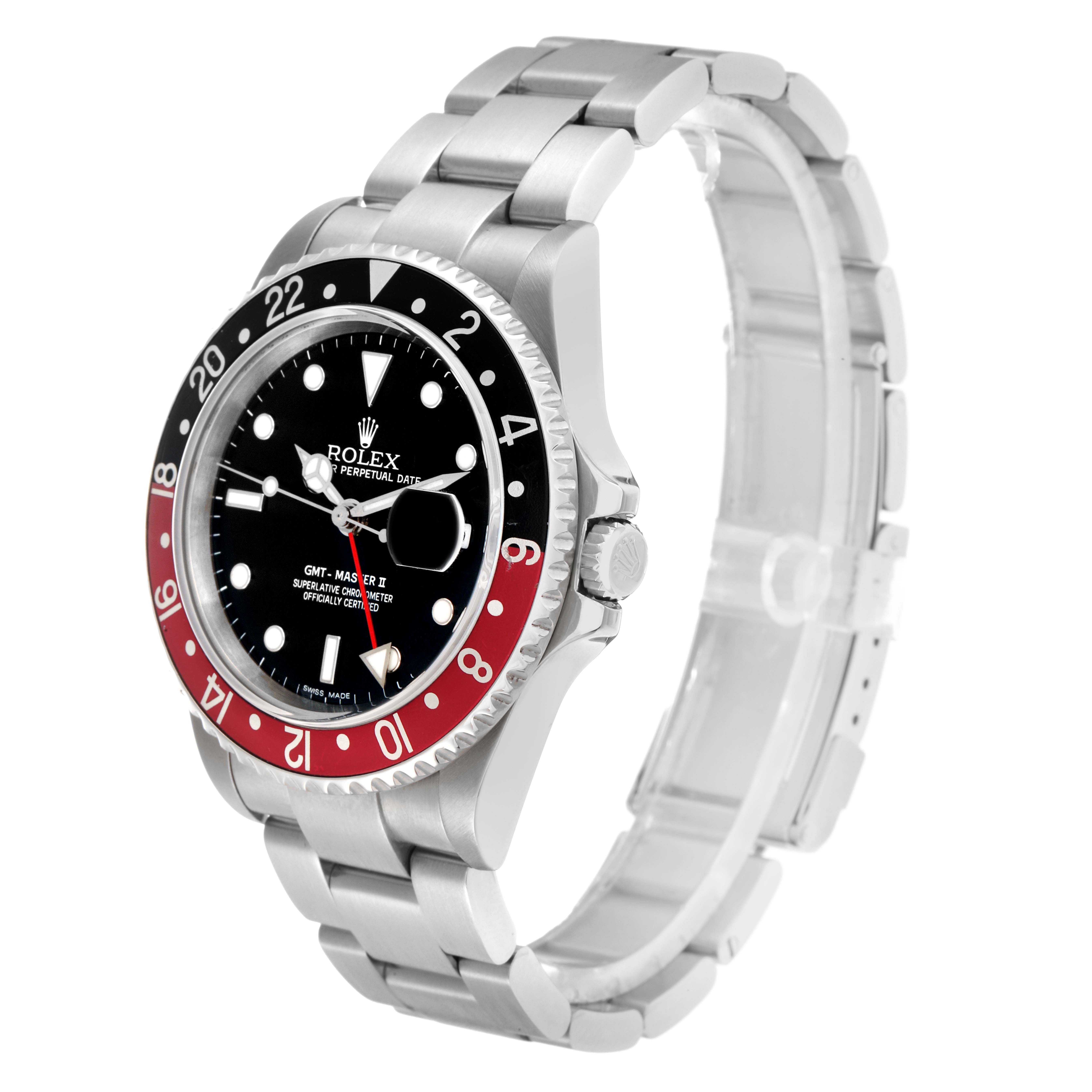 The Rolex GMT-Master 16710 Men
s Stainless Steel Black Dial watch is shown at a three-quarter angle, displaying the bezel, dial, bracelet, and crown.