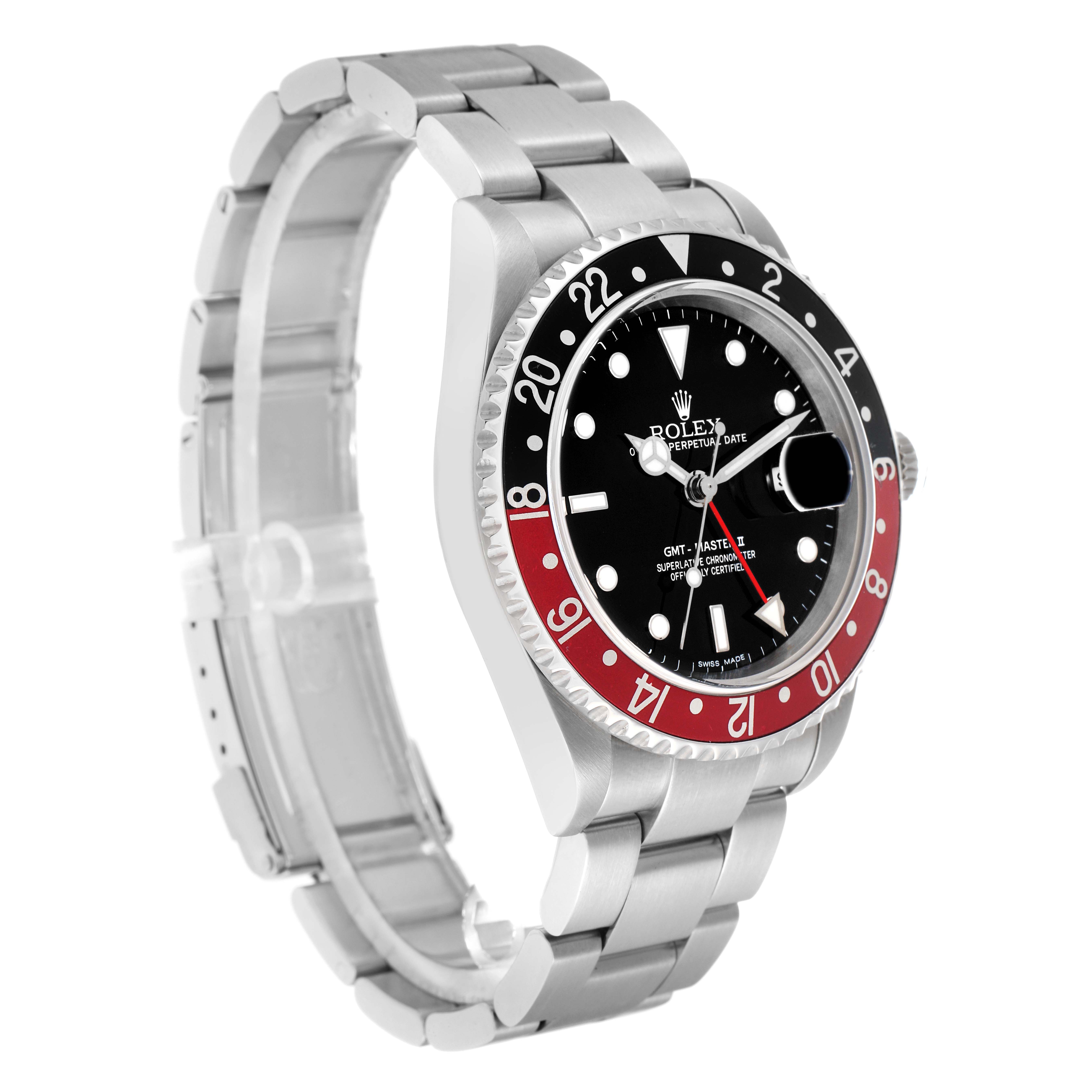 The Rolex GMT-Master 16710 Men
s Stainless Steel Black Dial watch is shown at a three-quarter angle, highlighting the dial, bezel, and bracelet.