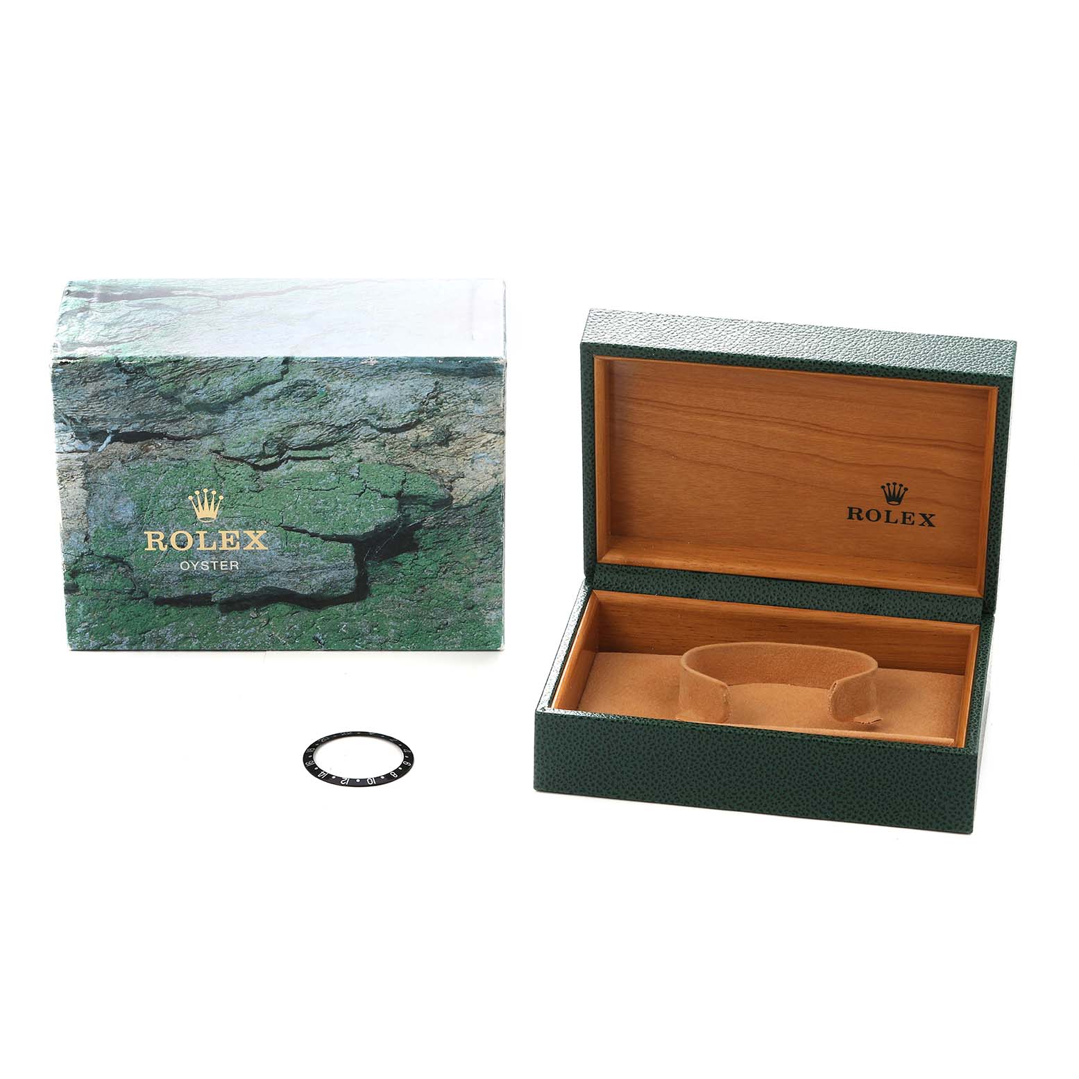 The image shows a Rolex GMT-Master 16710 Men
s Stainless Steel Black Dial box, an open case, and a watch bezel.