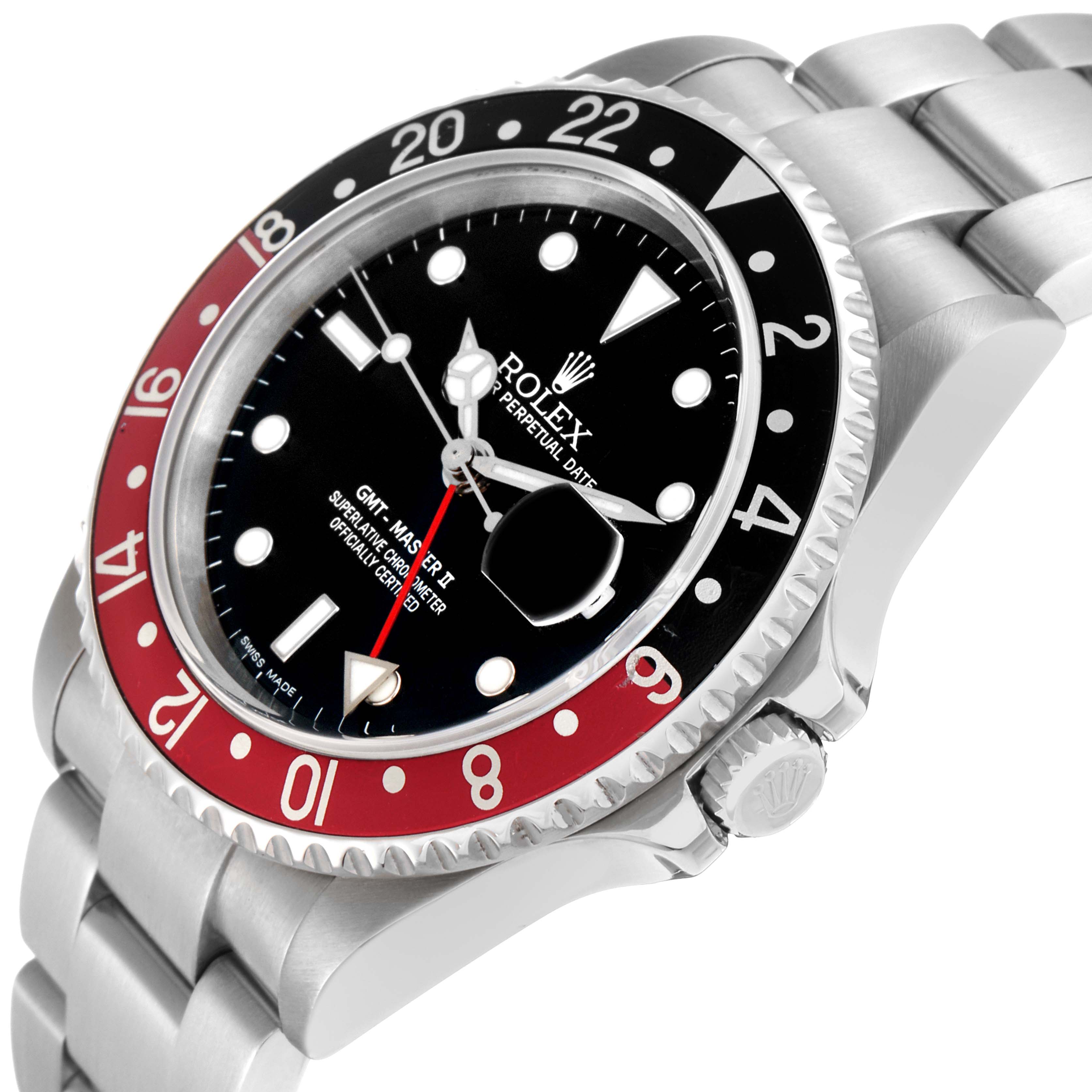 The Rolex GMT-Master 16710 Men
s Stainless Steel Black Dial watch is shown at an angled side view, displaying the bezel, crown, bracelet, and dial.