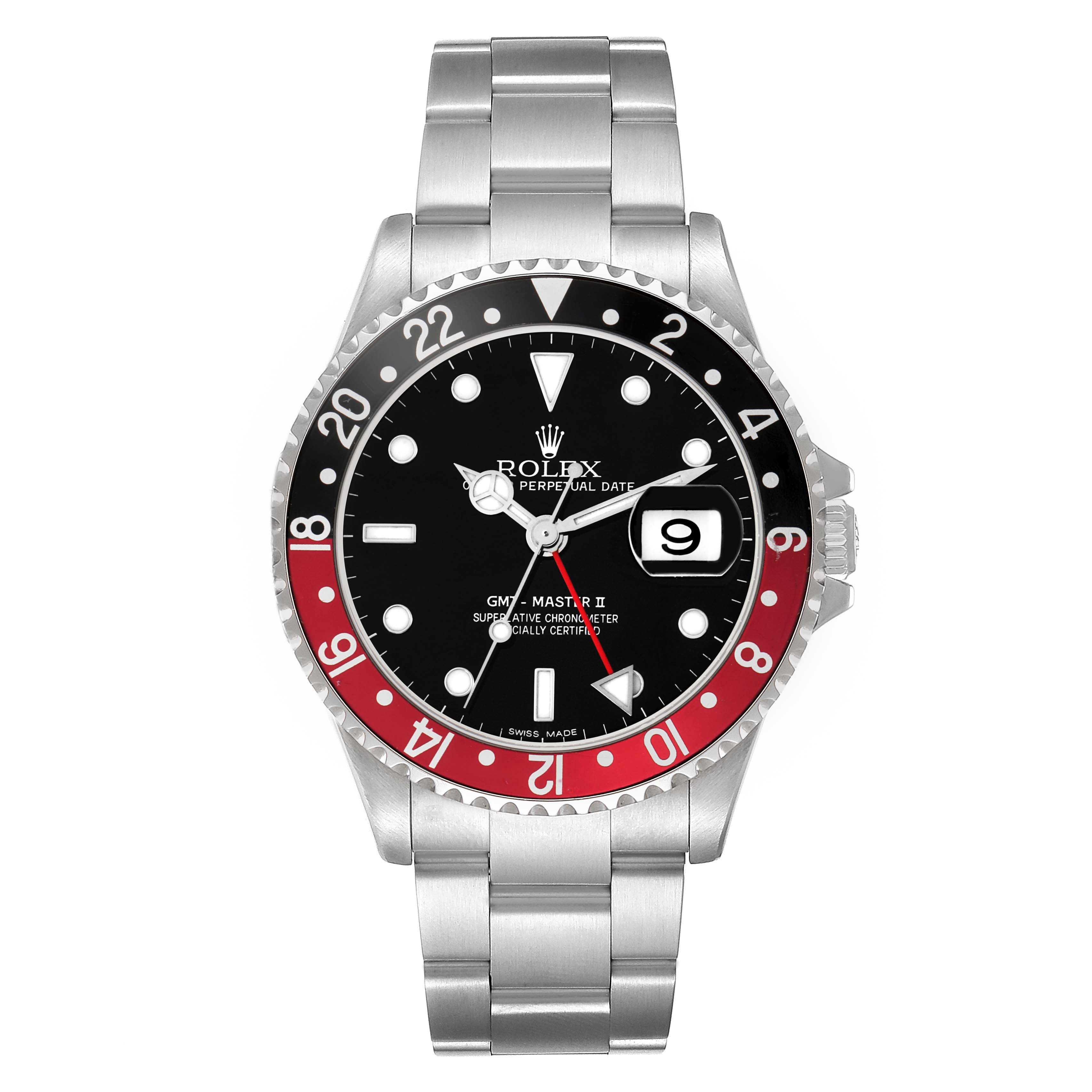 The Rolex GMT-Master 16710 Men
s Stainless Steel Black Dial watch is shown from a front angle, displaying its bezel, dial, hands, and metal bracelet.