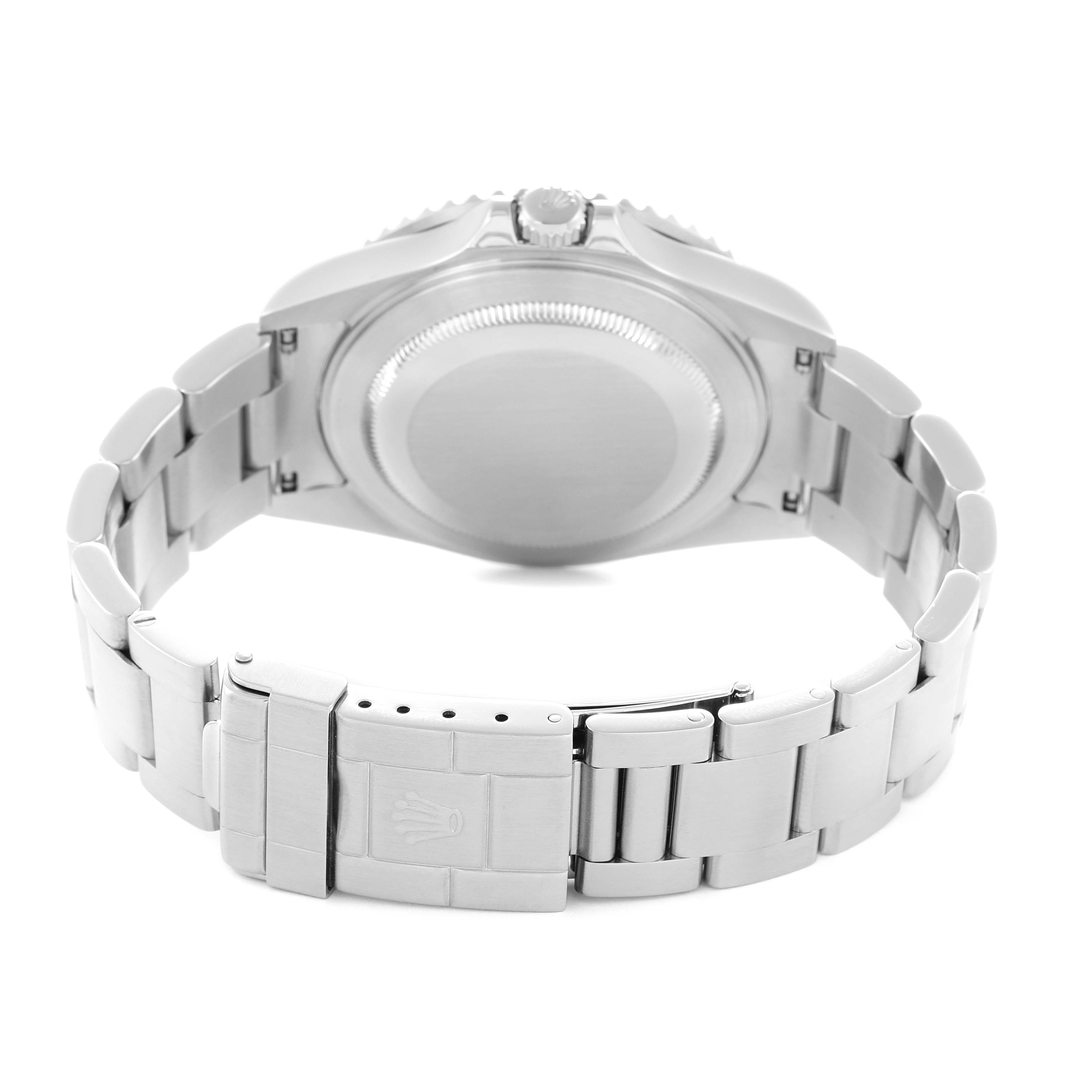 The image shows the back of a Rolex GMT-Master 16710 Men
s Stainless Steel Black Dial watch with its closed bracelet and clasp.