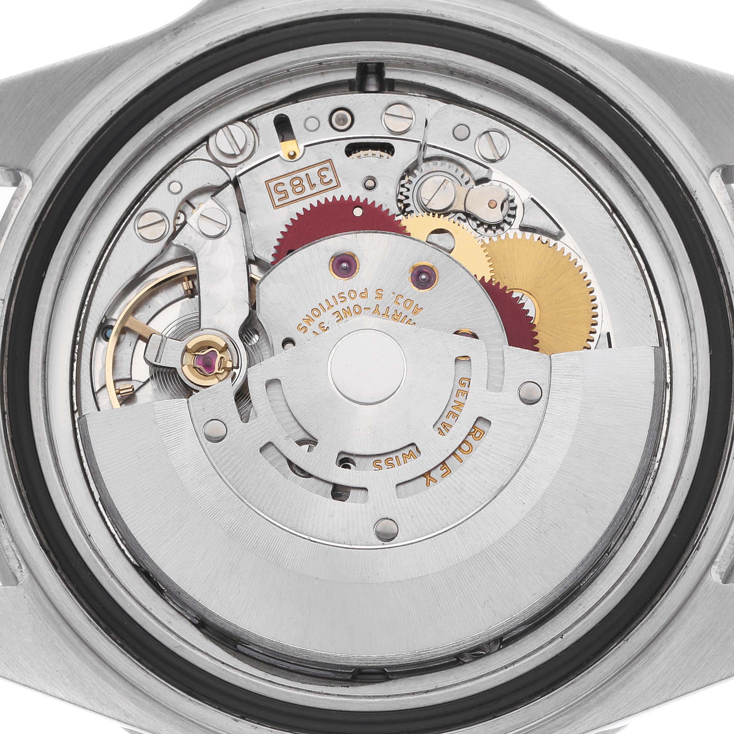 The image shows the back view of a Rolex GMT-Master 16710 Men
s Stainless Steel Black Dial, highlighting its internal movement components.