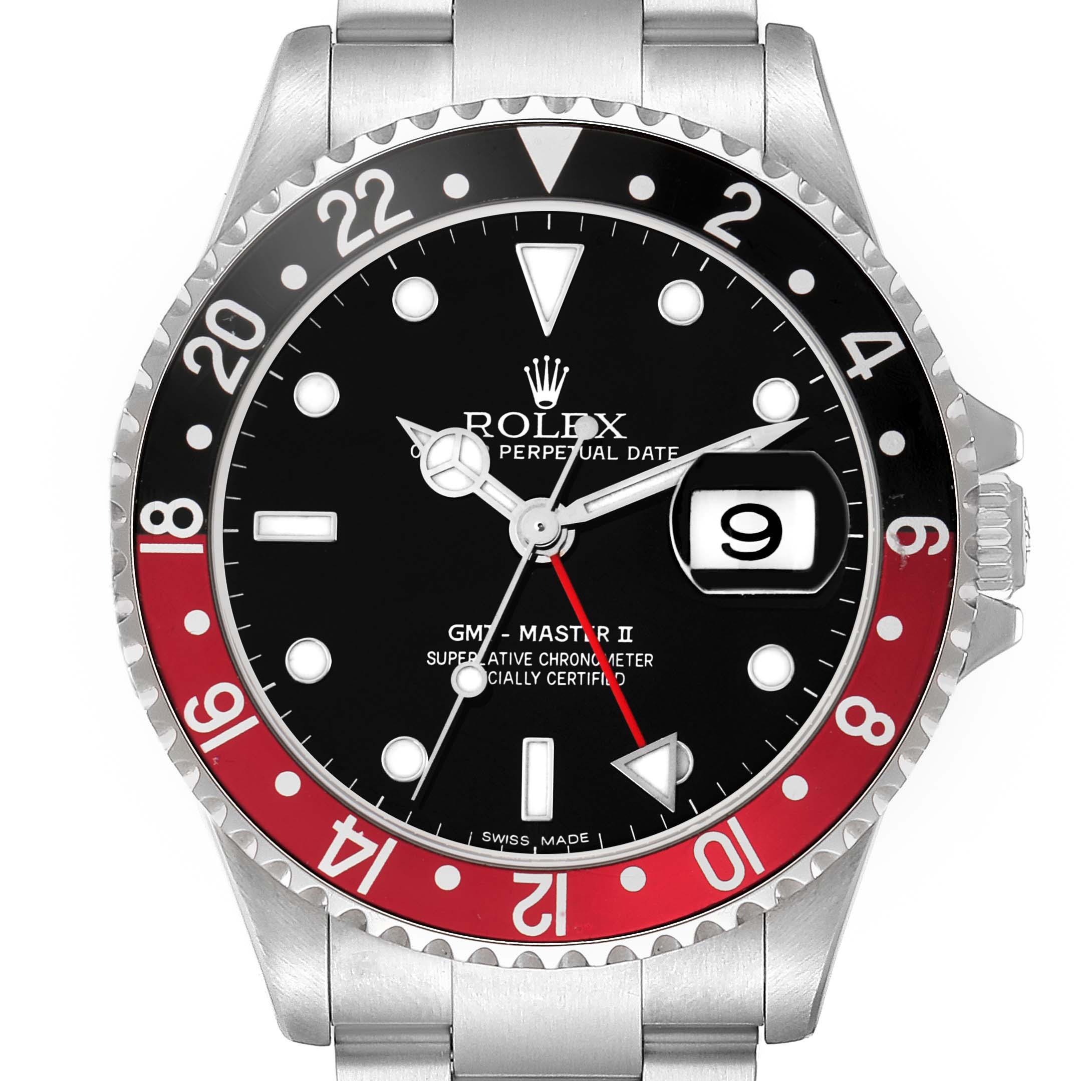 The image shows the Rolex GMT-Master 16710 Men
s Stainless Steel Black Dial II watch from a front angle, highlighting the dial, bezel, and partial bracelet.