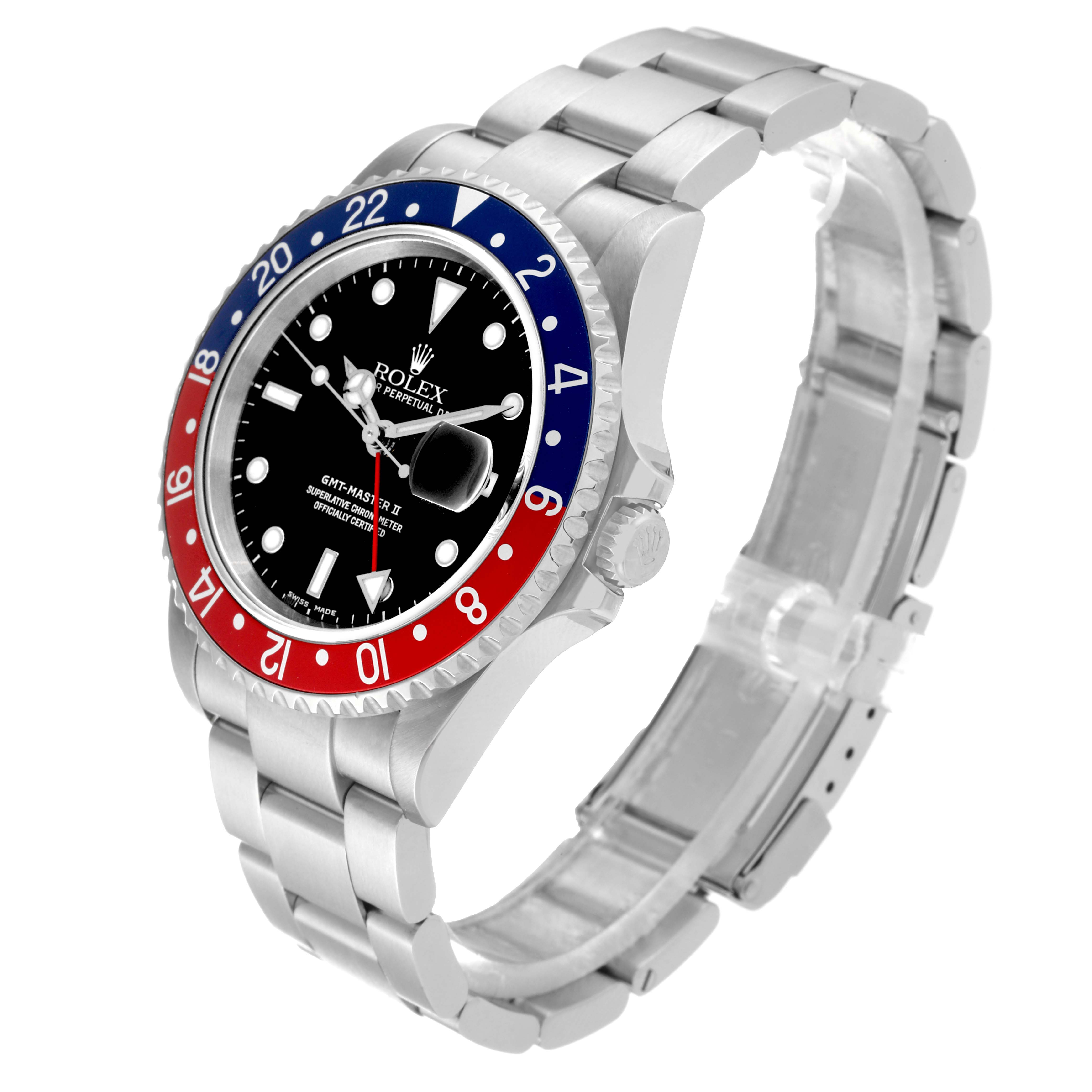 This image shows a side angle view of a Rolex GMT-Master 16710 Men's Stainless Steel Black Dial 16710 Men's Stainless Steel Black Dial watch, focusing on its bezel, dial, and bracelet.