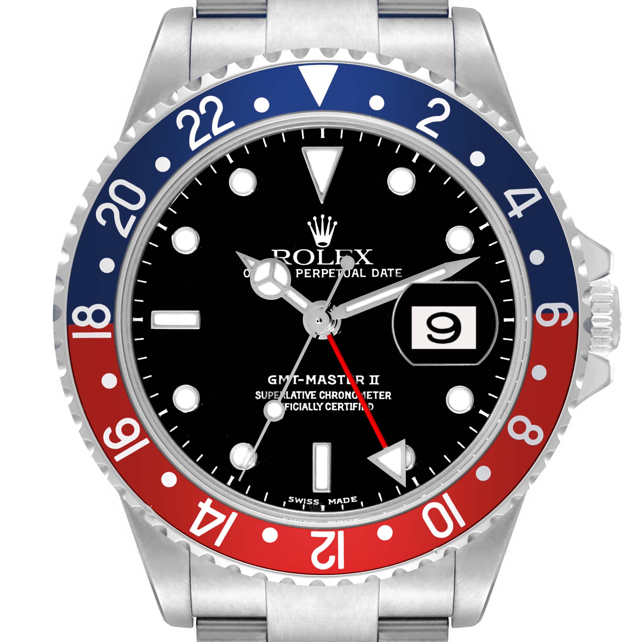 This image shows a front angle view of the Rolex GMT-Master 16710 Men's Stainless Steel Black Dial 16710 Men's Stainless Steel Black Dial II watch, highlighting the bezel, dial, and hands.
