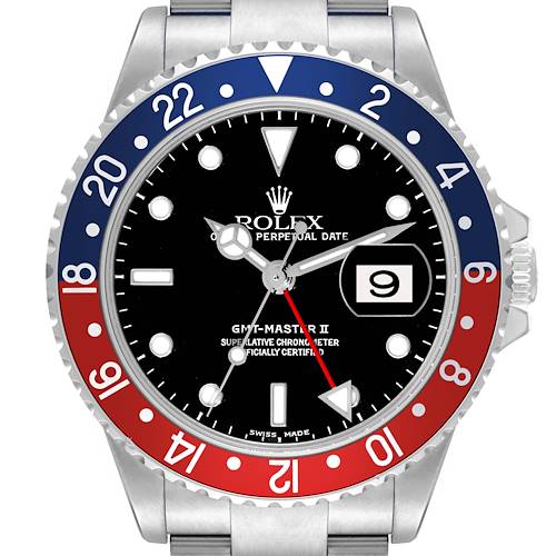 The image shows a front view of a Rolex GMT-Master II watch, displaying the bezel, dial, hands, and date window.