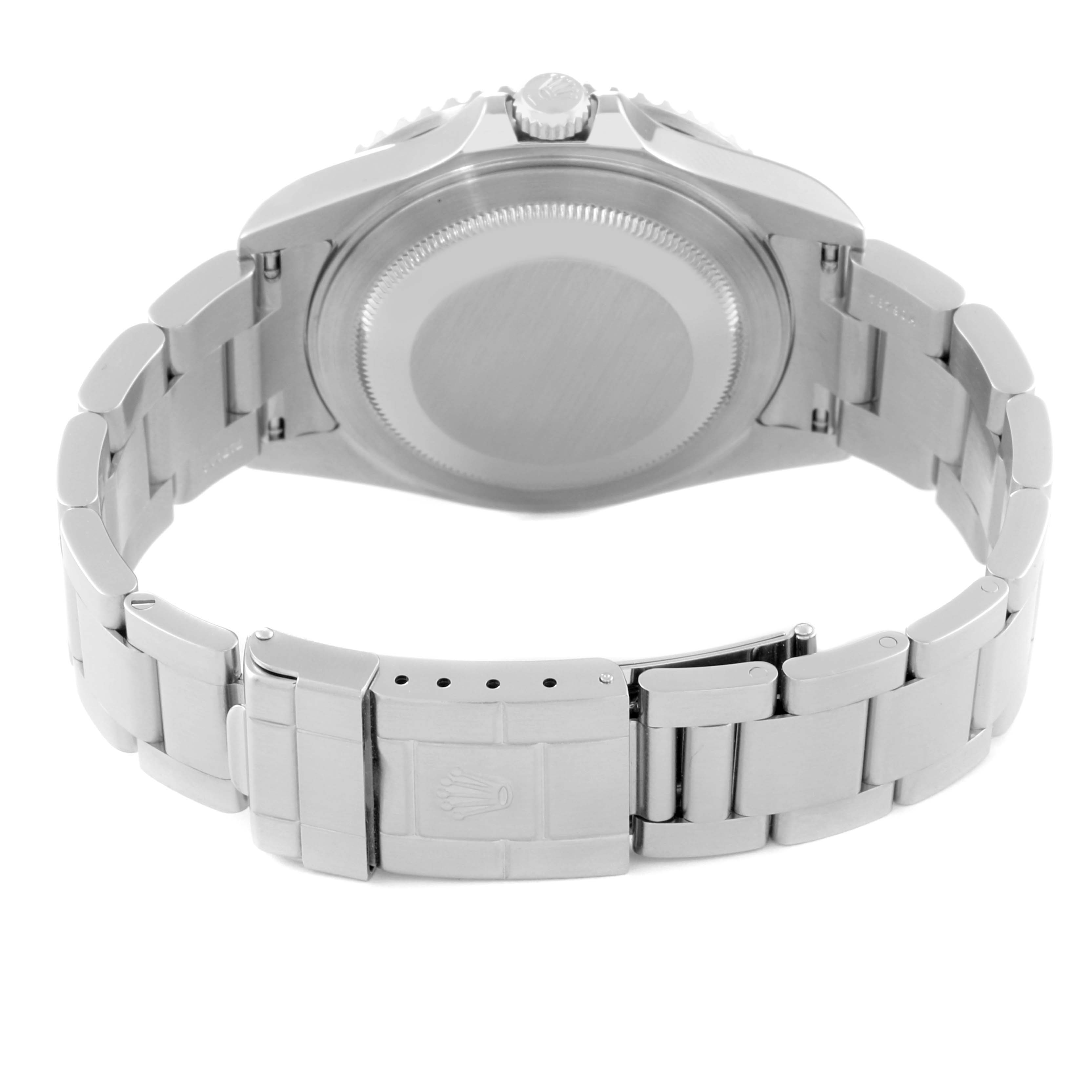 The image shows the back case, clasp, and bracelet of a Rolex GMT-Master 16710 Men's Stainless Steel Black Dial 16710 Men's Stainless Steel Black Dial watch from a rear angle.