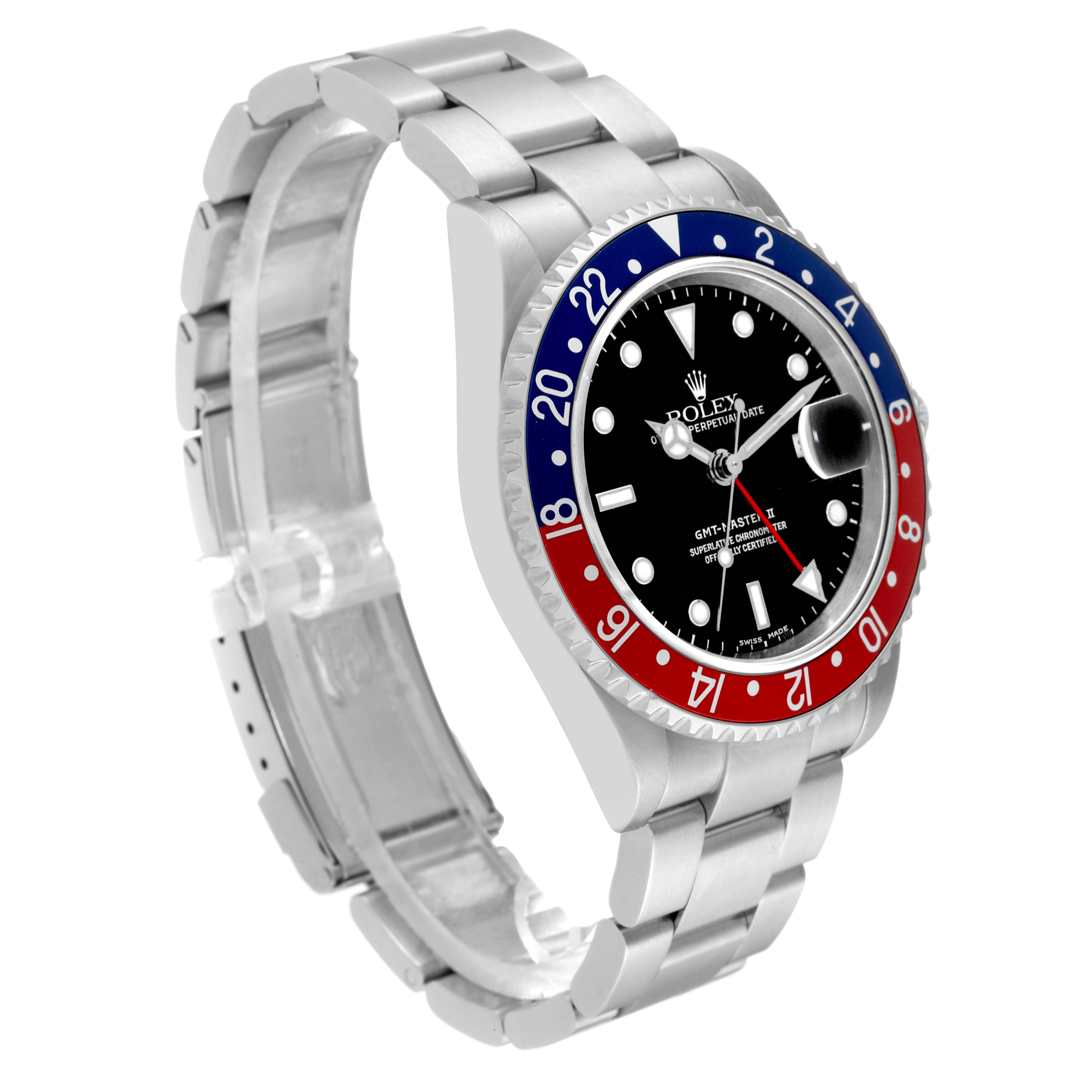 This Rolex GMT-Master 16710 Men's Stainless Steel Black Dial 16710 Men's Stainless Steel Black Dial watch is viewed at an angled side perspective, showing the dial, bezel, bracelet, and clasp.