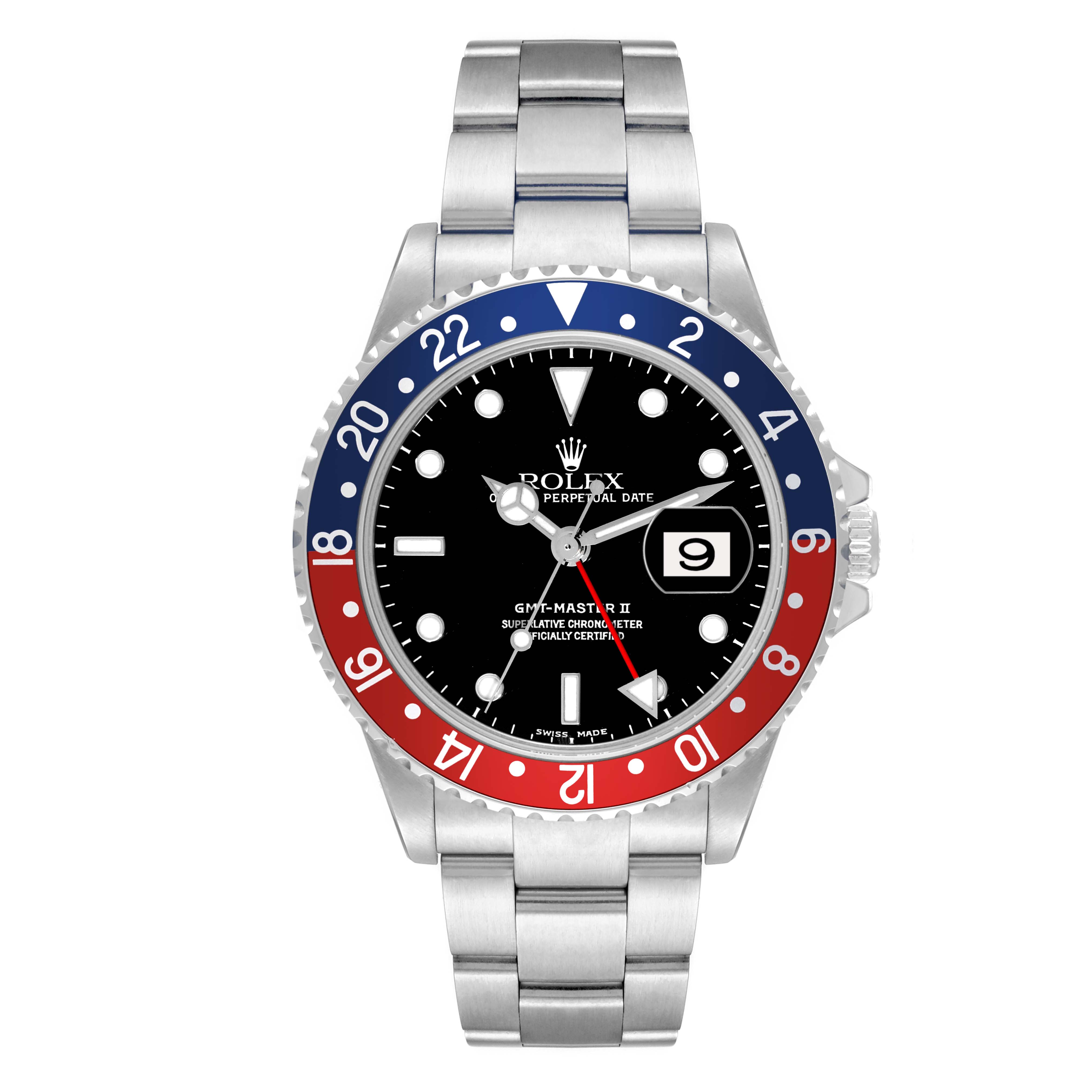 The Rolex GMT-Master 16710 Men's Stainless Steel Black Dial 16710 Men's Stainless Steel Black Dial II is shown from a top-down angle, displaying its bezel, dial, bracelet, and date window.
