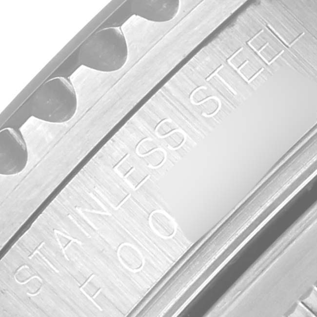 This close-up image shows the engraved stainless steel case back of a Rolex GMT-Master 16710 Men's Stainless Steel Black Dial 16710 Men's Stainless Steel Black Dial watch.