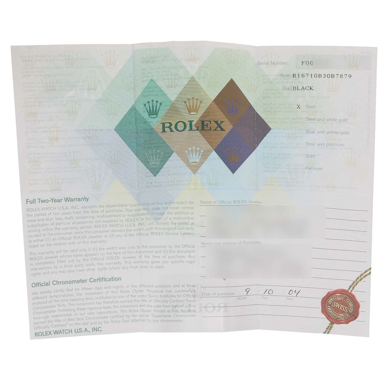 The image shows the warranty card and certification document for the Rolex GMT-Master 16710 Men's Stainless Steel Black Dial 16710 Men's Stainless Steel Black Dial model.
