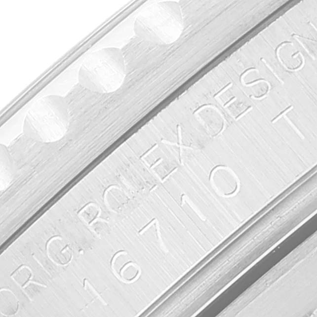 The image shows a close-up angle of the bezel and engraved model number on a Rolex GMT-Master 16710 Men
s Stainless Steel Black Dial 16710 Men
s Stainless Steel Black Dial watch.