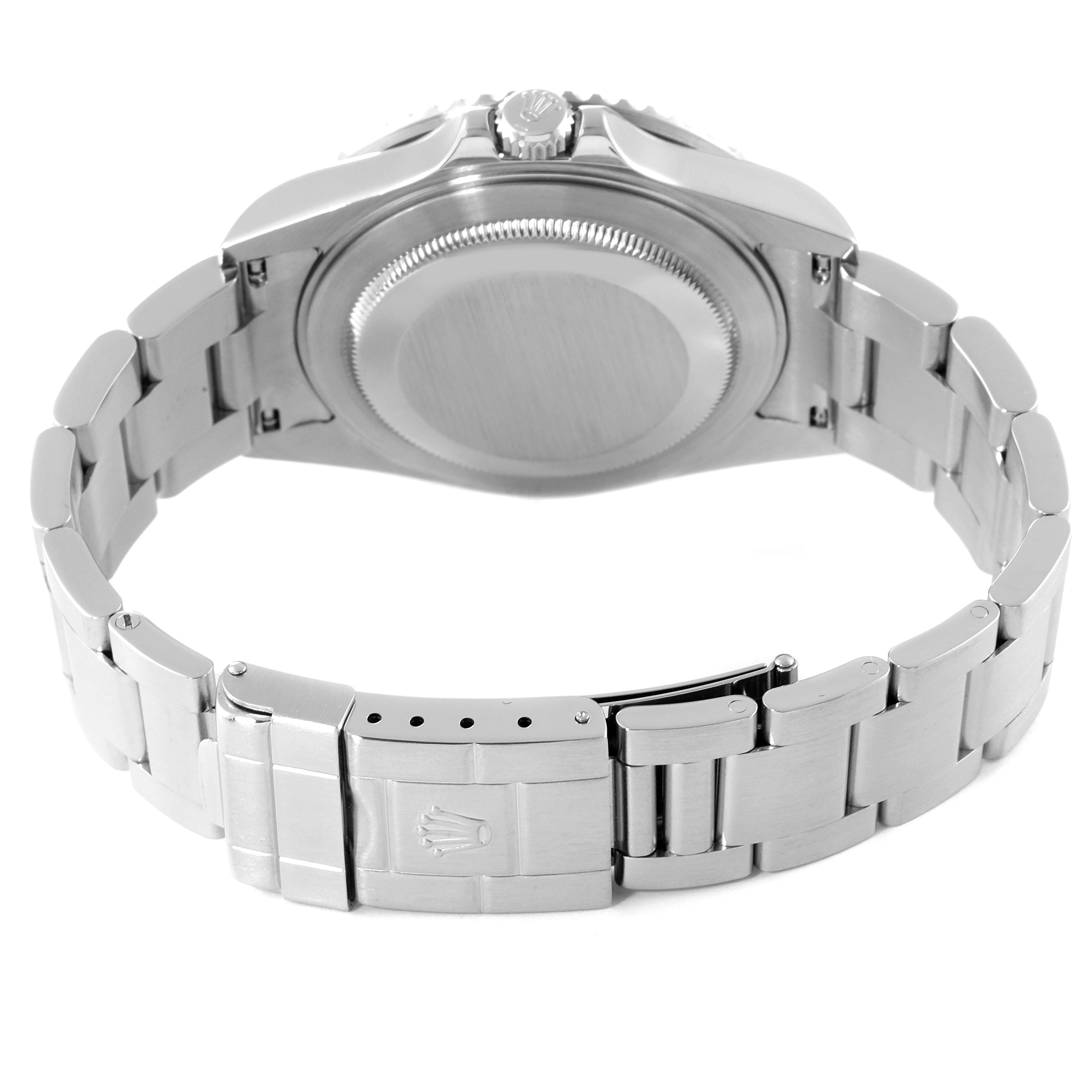 The image shows the back and clasp of a Rolex GMT-Master 16710 Men
s Stainless Steel Black Dial 16710 Men
s Stainless Steel Black Dial watch, highlighting the bracelet and crown logo on the clasp.