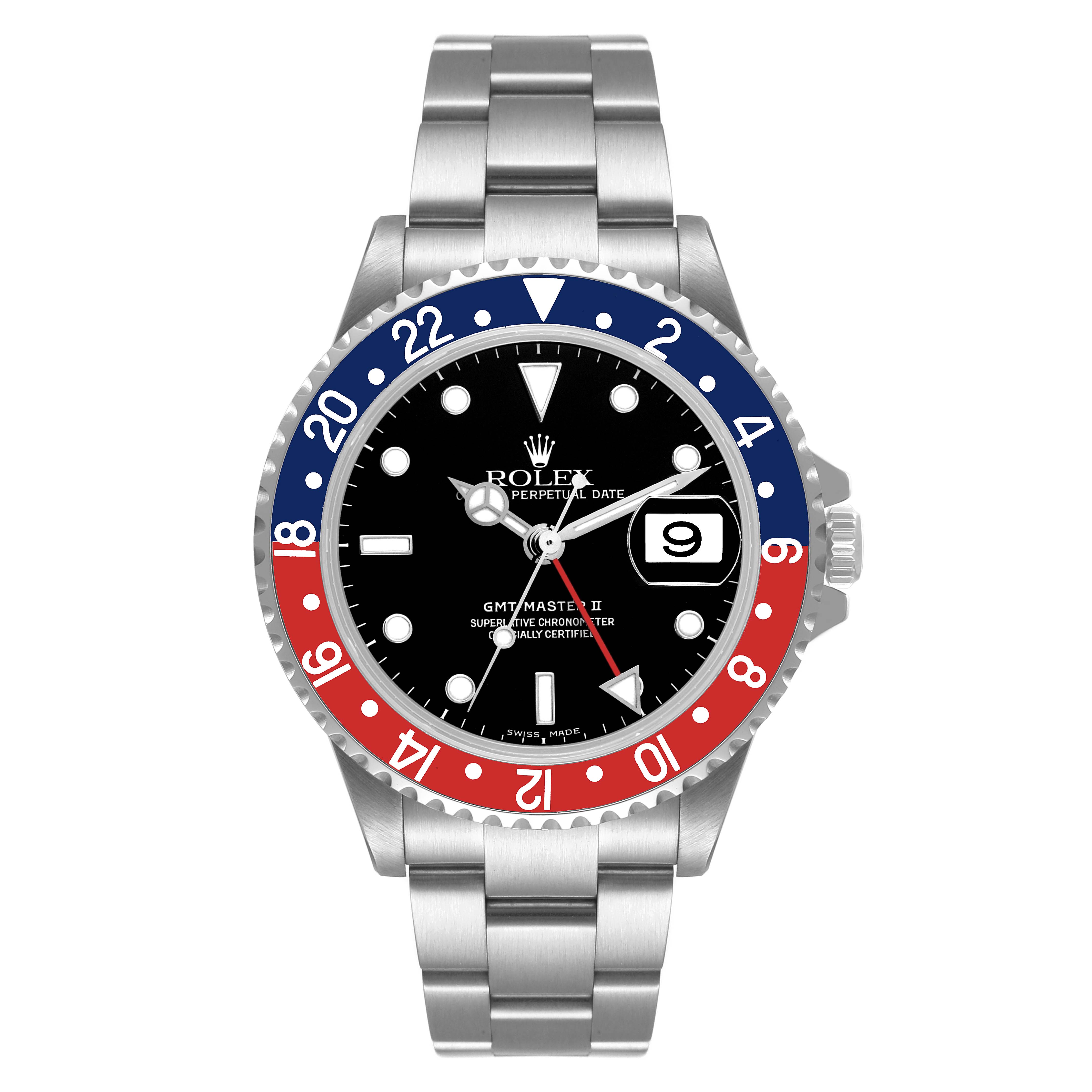 The image shows a front view of the Rolex GMT-Master 16710 Men
s Stainless Steel Black Dial 16710 Men
s Stainless Steel Black Dial II watch, highlighting its bezel, face, hour markers, and bracelet.