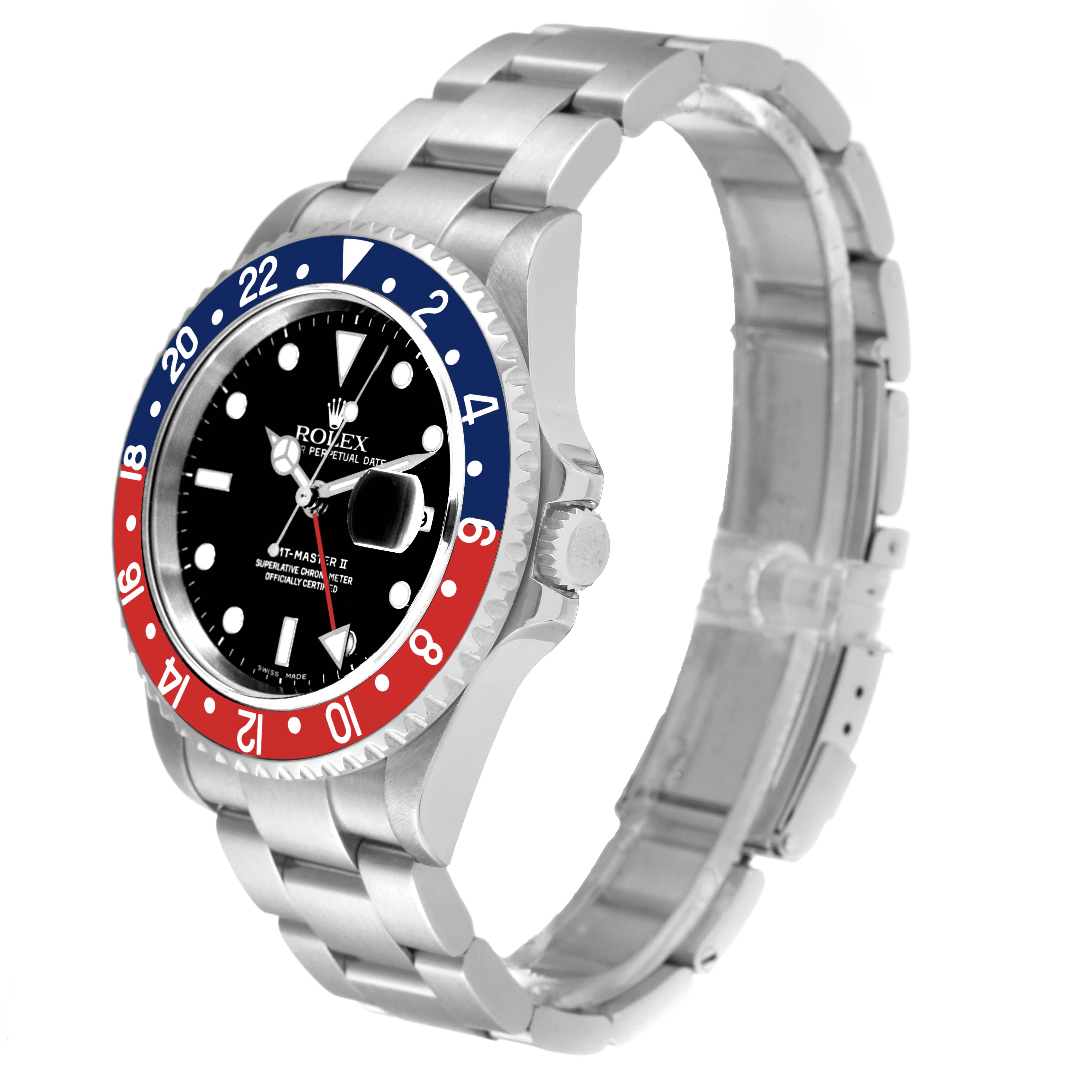 The image shows a side angle of a Rolex GMT-Master 16710 Men
s Stainless Steel Black Dial 16710 Men
s Stainless Steel Black Dial watch, highlighting the bezel, dial, and bracelet.
