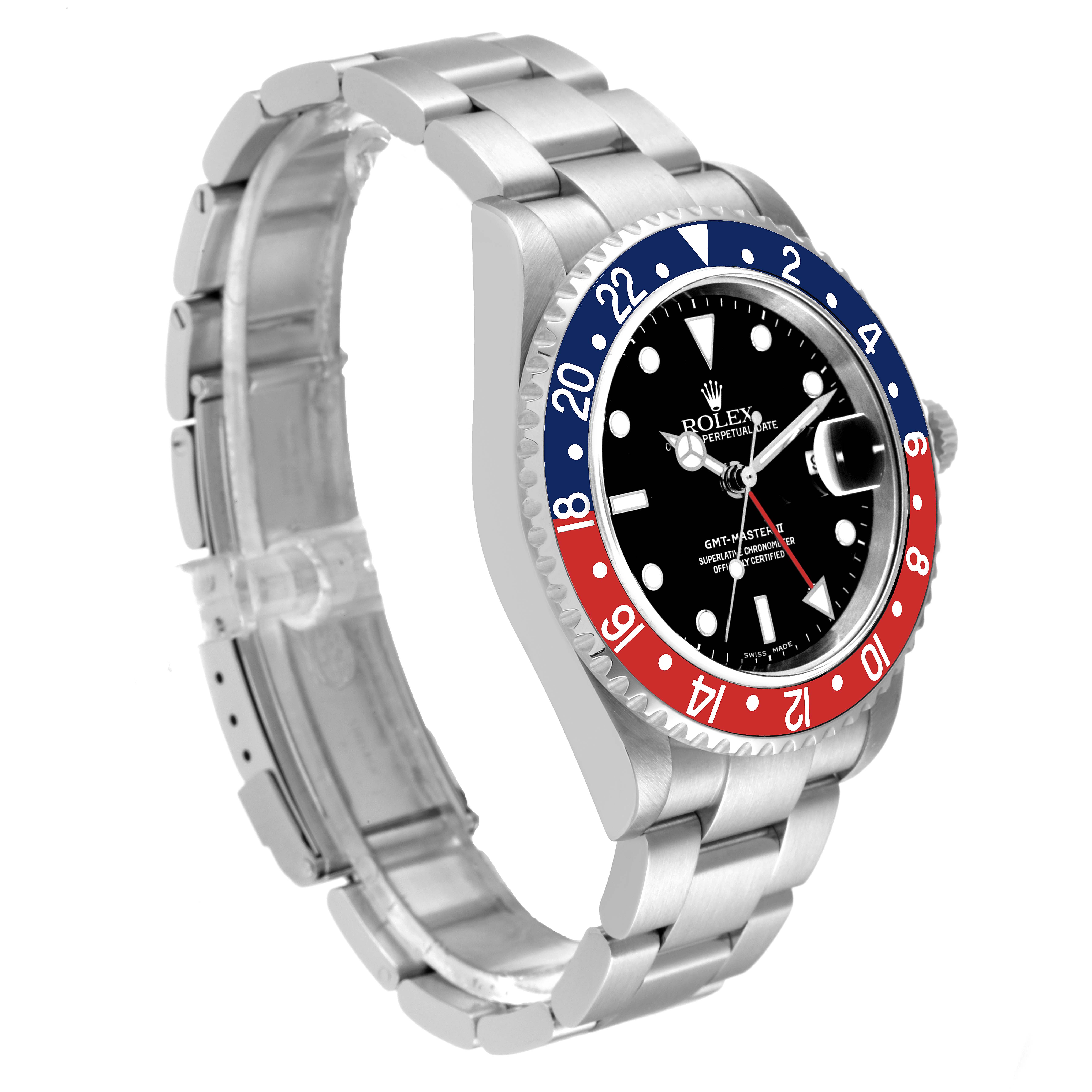 The Rolex GMT-Master 16710 Men
s Stainless Steel Black Dial 16710 Men
s Stainless Steel Black Dial watch is angled to show the face, bezel, crown, and part of the metal bracelet.
