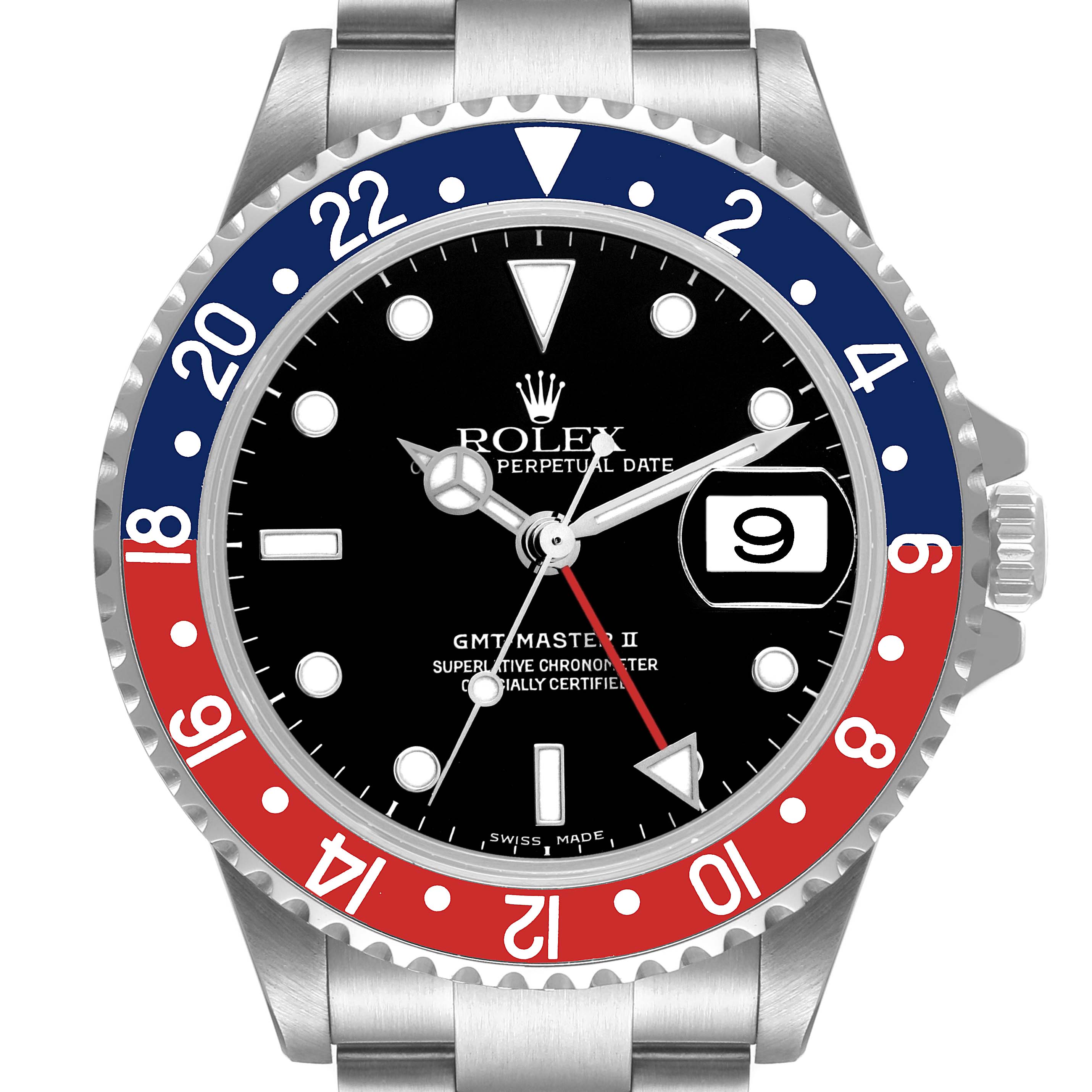 The image shows a frontal view of the Rolex GMT-Master 16710 Men
s Stainless Steel Black Dial 16710 Men
s Stainless Steel Black Dial II watch, highlighting the bezel, dial, and hands.