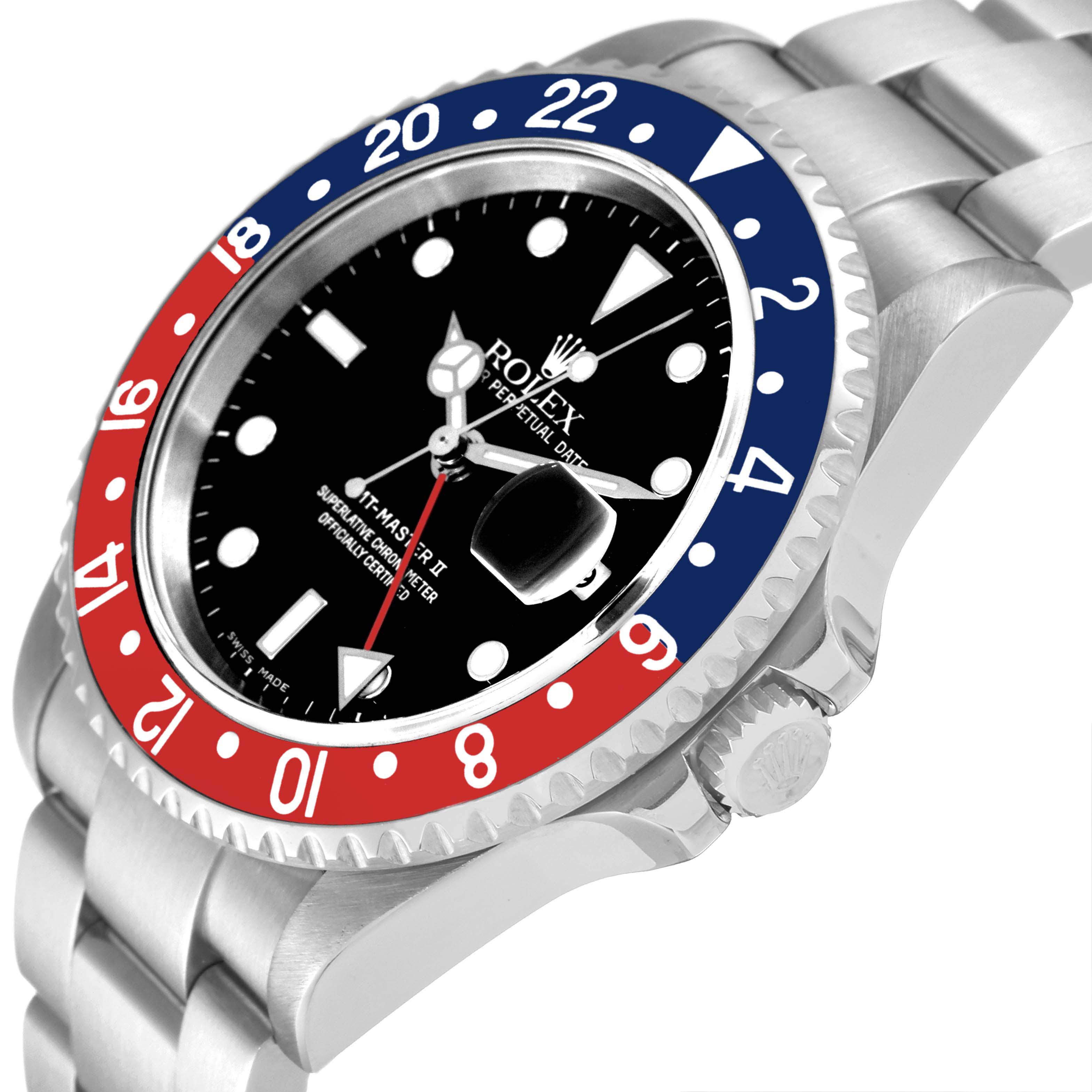This image shows a side angle of the dial, bezel, and bracelet of a Rolex GMT-Master 16710 Men
s Stainless Steel Black Dial 16710 Men
s Stainless Steel Black Dial watch.