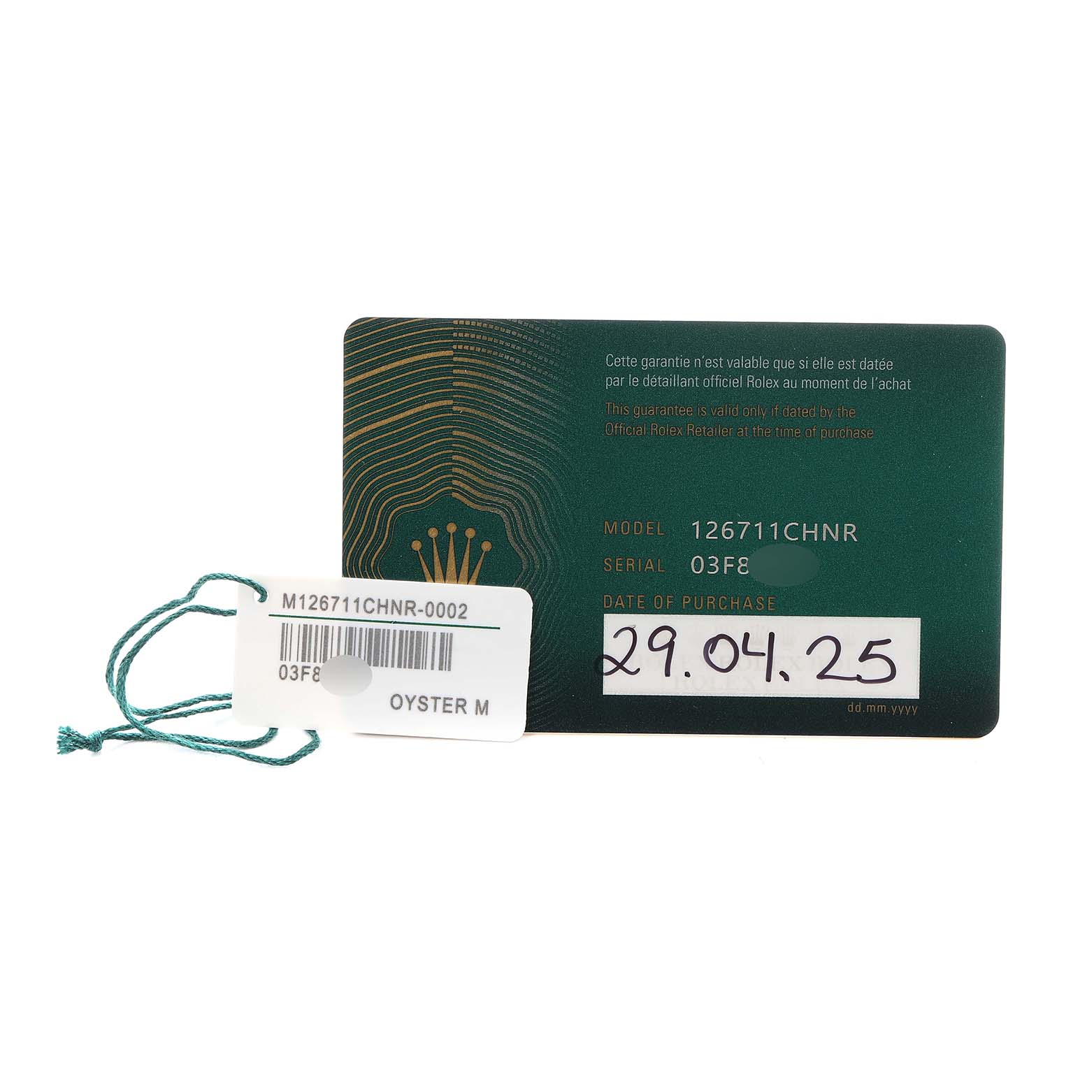 The image shows a Rolex GMT-Master 126711 Men
s Steel and Gold (two tone) Black Dial model warranty card and tag, showcasing details like the model number and purchase date.