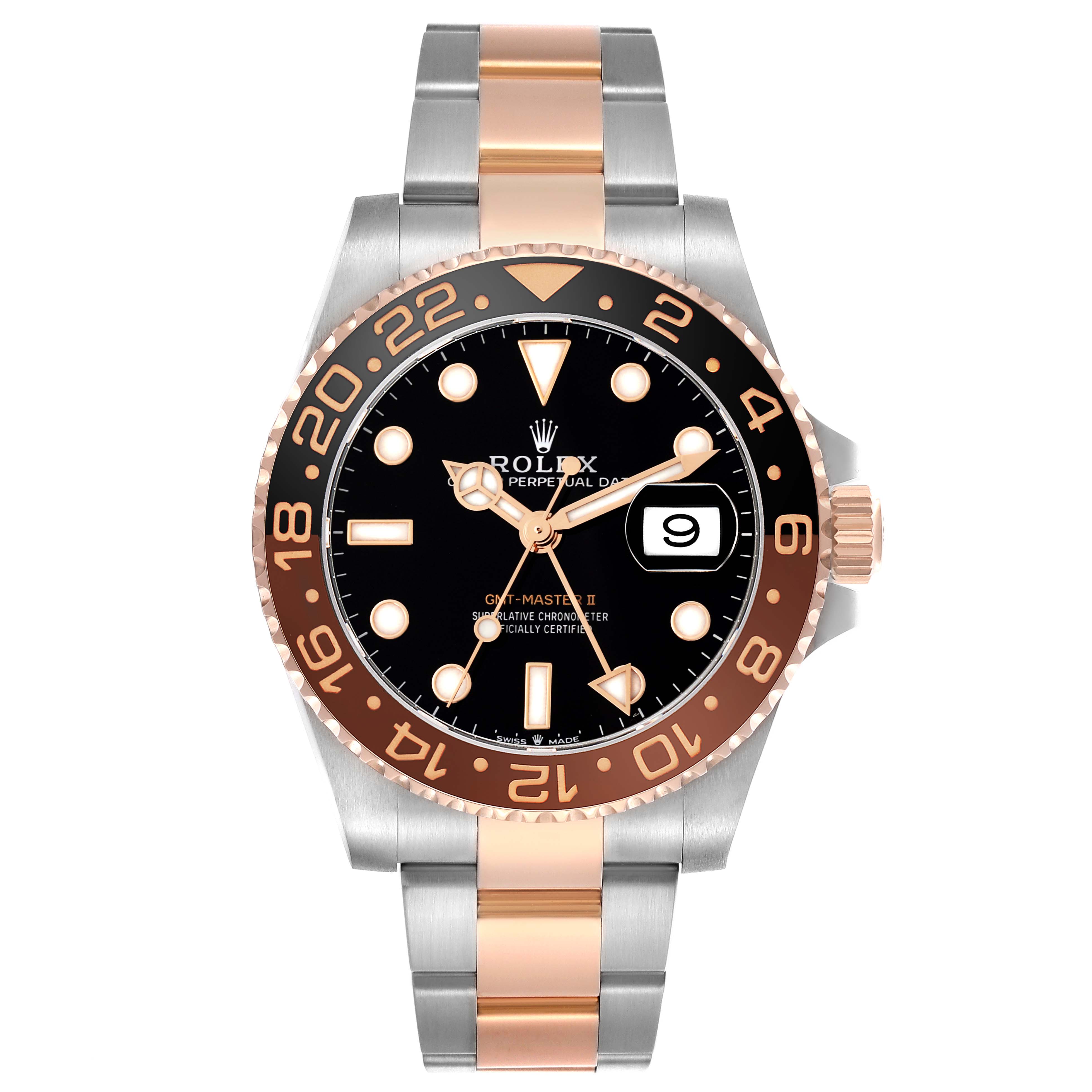 The Rolex GMT-Master 126711 Men
s Steel and Gold (two tone) Black Dial watch is shown from the front, highlighting its dial, bezel, and two-tone bracelet.