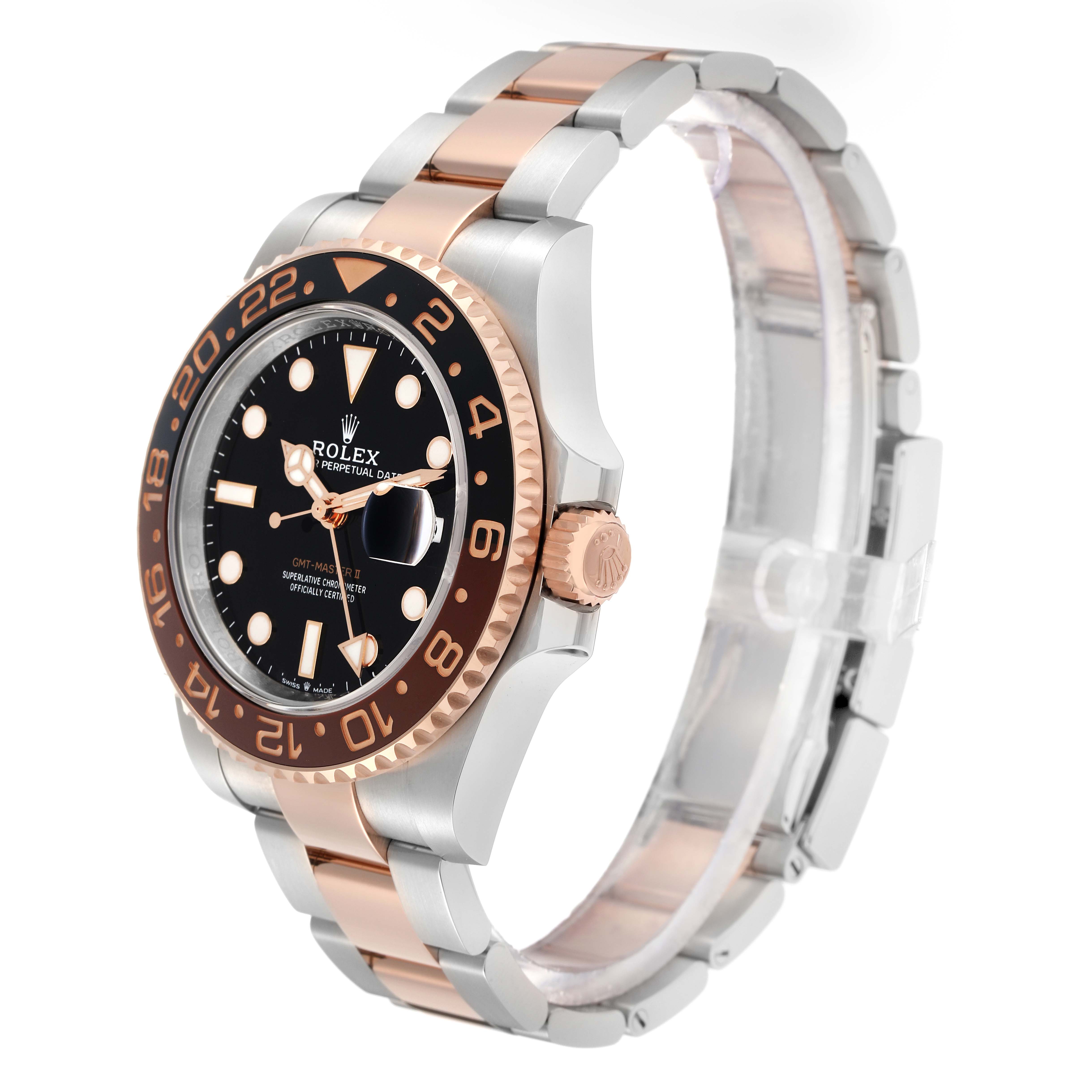 The Rolex GMT-Master 126711 Men
s Steel and Gold (two tone) Black Dial is shown at a slight angle, highlighting the bezel, crown, and bracelet.