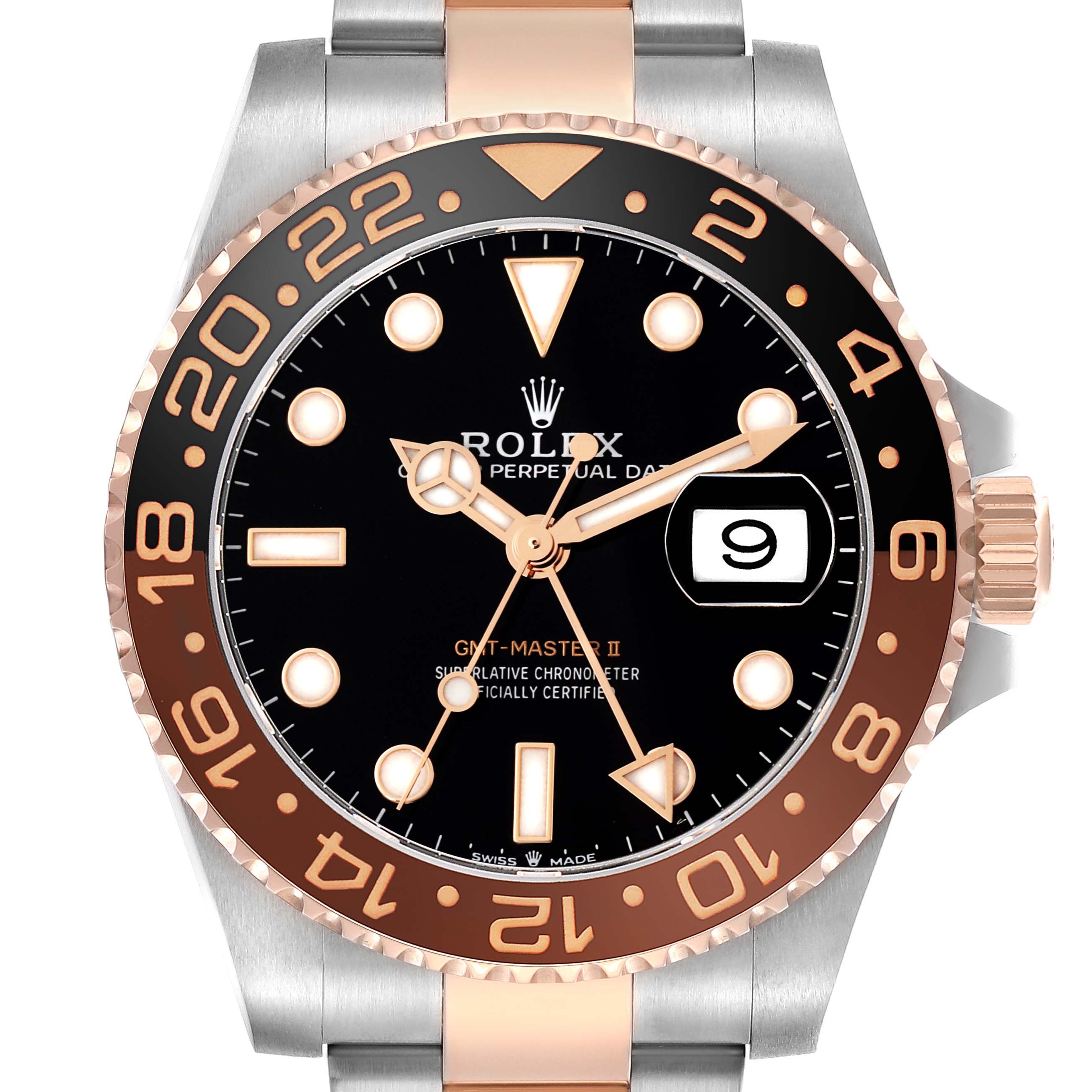 The Rolex GMT-Master 126711 Men
s Steel and Gold (two tone) Black Dial watch is shown from the front, displaying the bezel, dial, hands, and a date window.