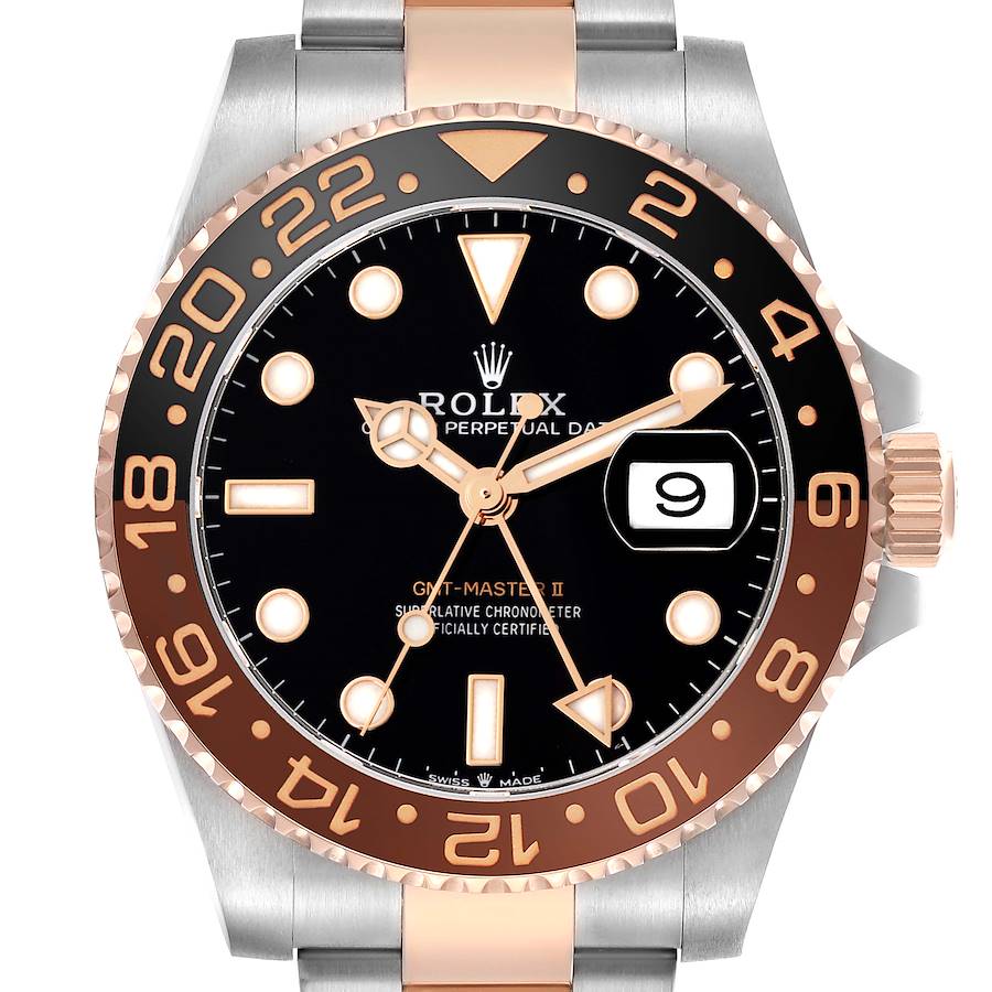 The Rolex GMT-Master 126711 Men's Steel and Gold (two tone) Black Dial watch is shown from the front, displaying the bezel, dial, hands, and a date window.