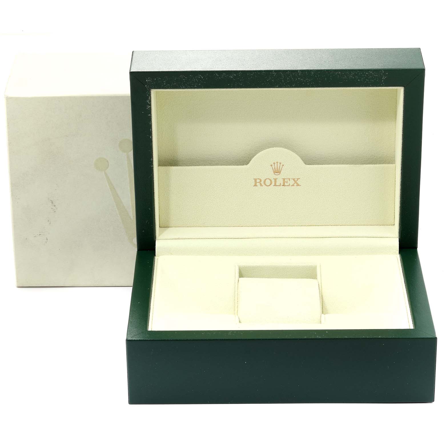 The image shows an open Rolex GMT-Master 116713 Men's Steel and Gold (two tone) Black Dial 116713 Men's Steel and Gold (two tone) Black Dial watch box and case from a front angle, showcasing the interior.