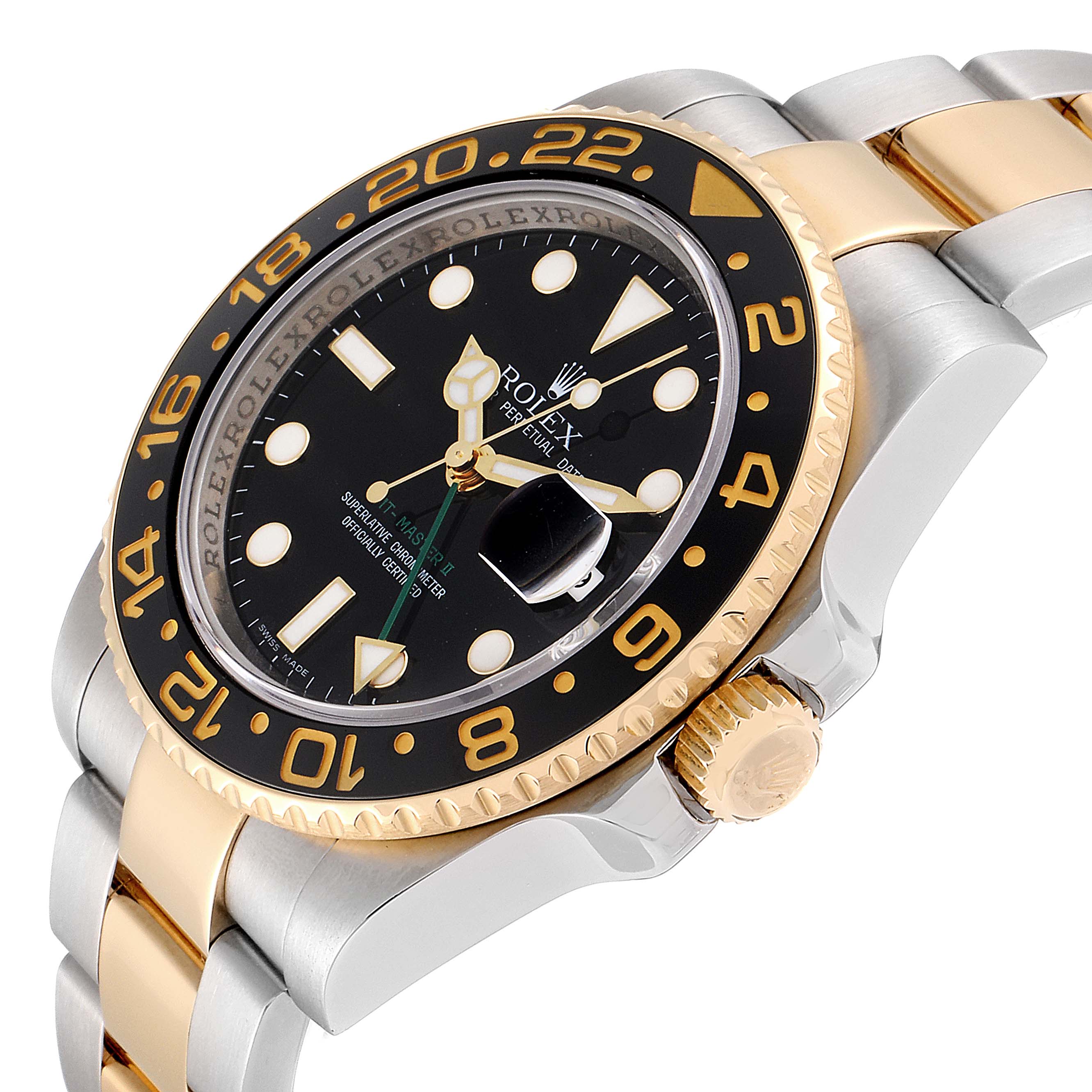 The image shows a close-up angle of a Rolex GMT-Master 116713 Men's Steel and Gold (two tone) Black Dial 116713 Men's Steel and Gold (two tone) Black Dial watch, highlighting the black dial, gold bezel, and part of the bracelet.